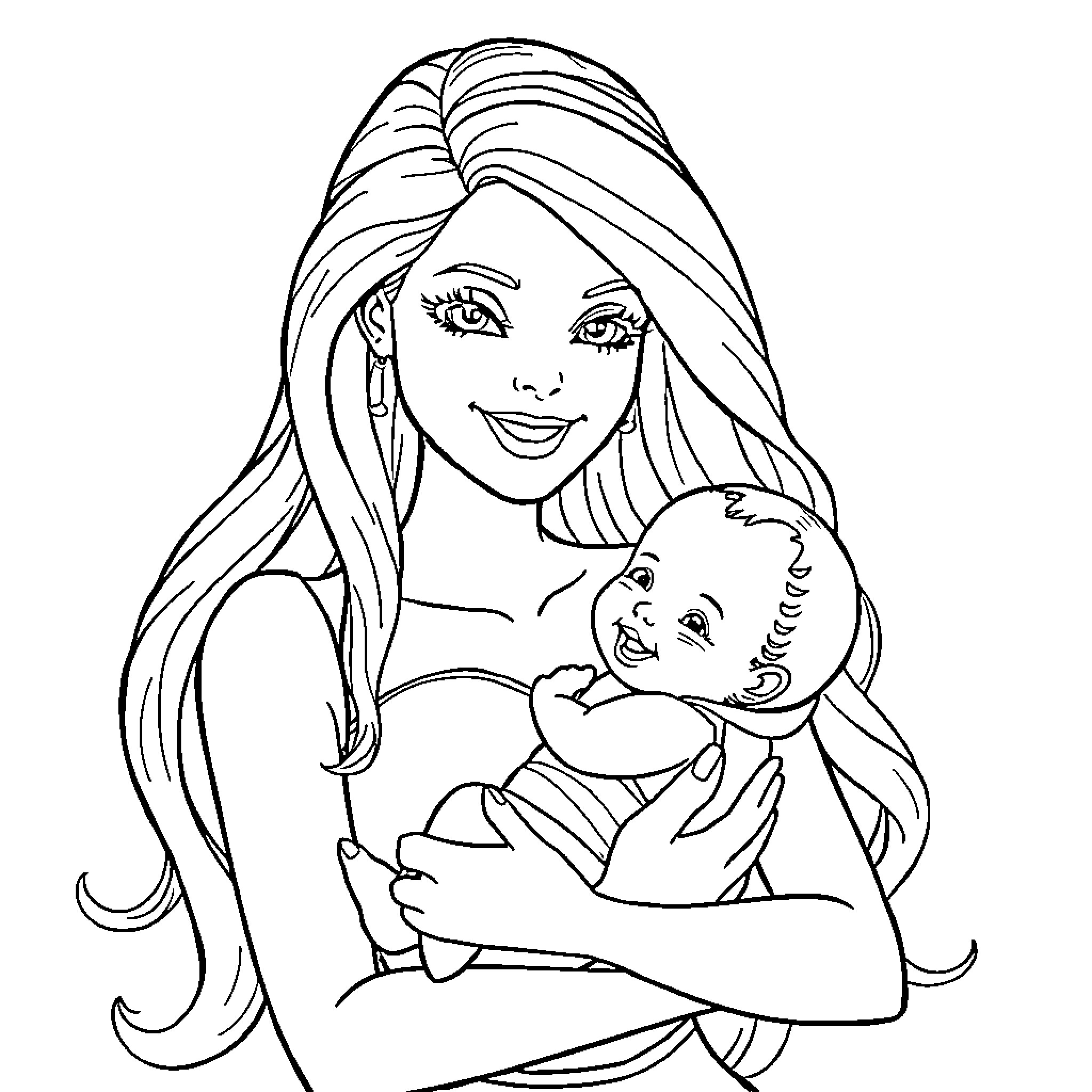 Barbie cuddling a smiling baby Coloring Page (free black-and-white line drawing printable PDF for all, from beginners to advanced learners, including children, teens, adults, and seniors)