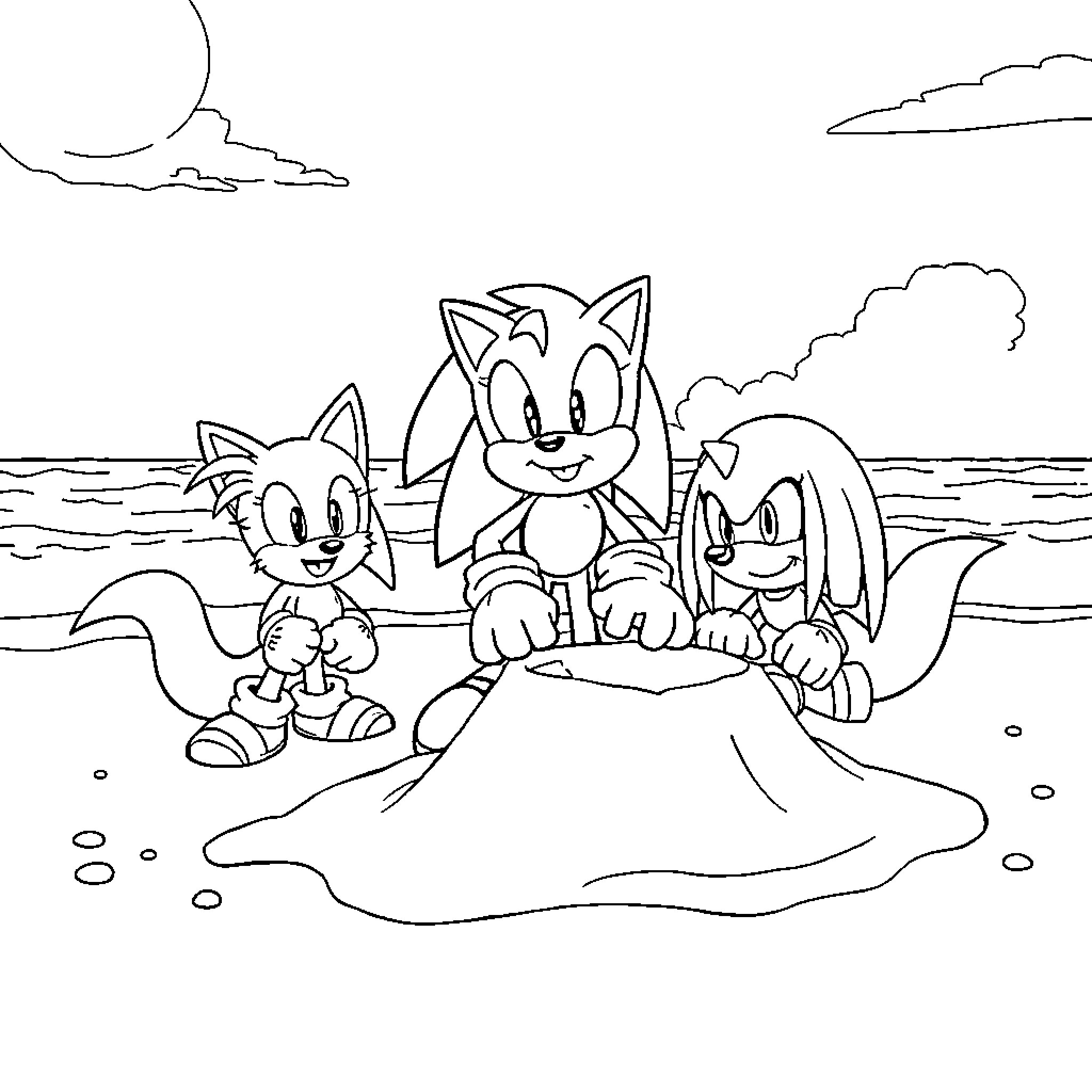 Sonic characters in a coastal landscape Coloring Page (free black-and-white line drawing printable PDF for all, from beginners to advanced learners, including children, teens, adults, and seniors)