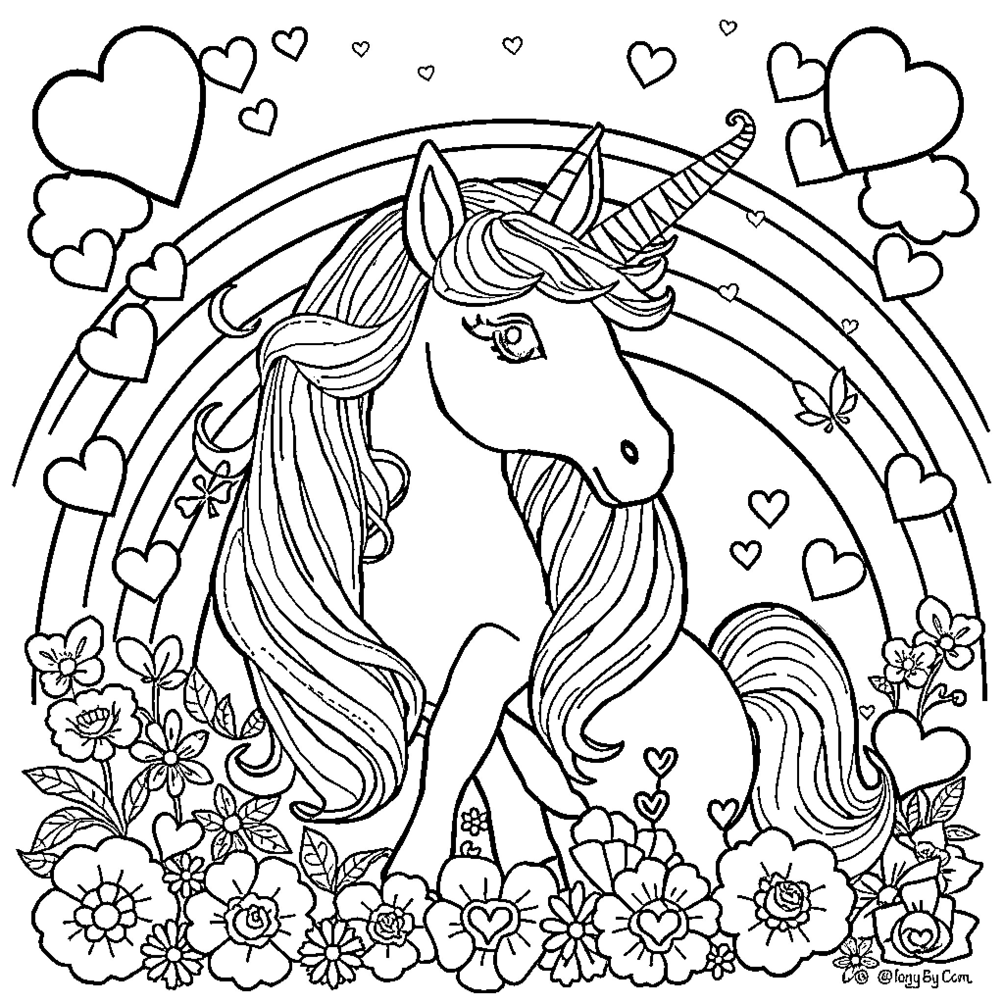 Unicorn surrounded by hearts and flowers Coloring Page (free black-and-white line drawing printable PDF for all, from beginners to advanced learners, including children, teens, adults, and seniors)