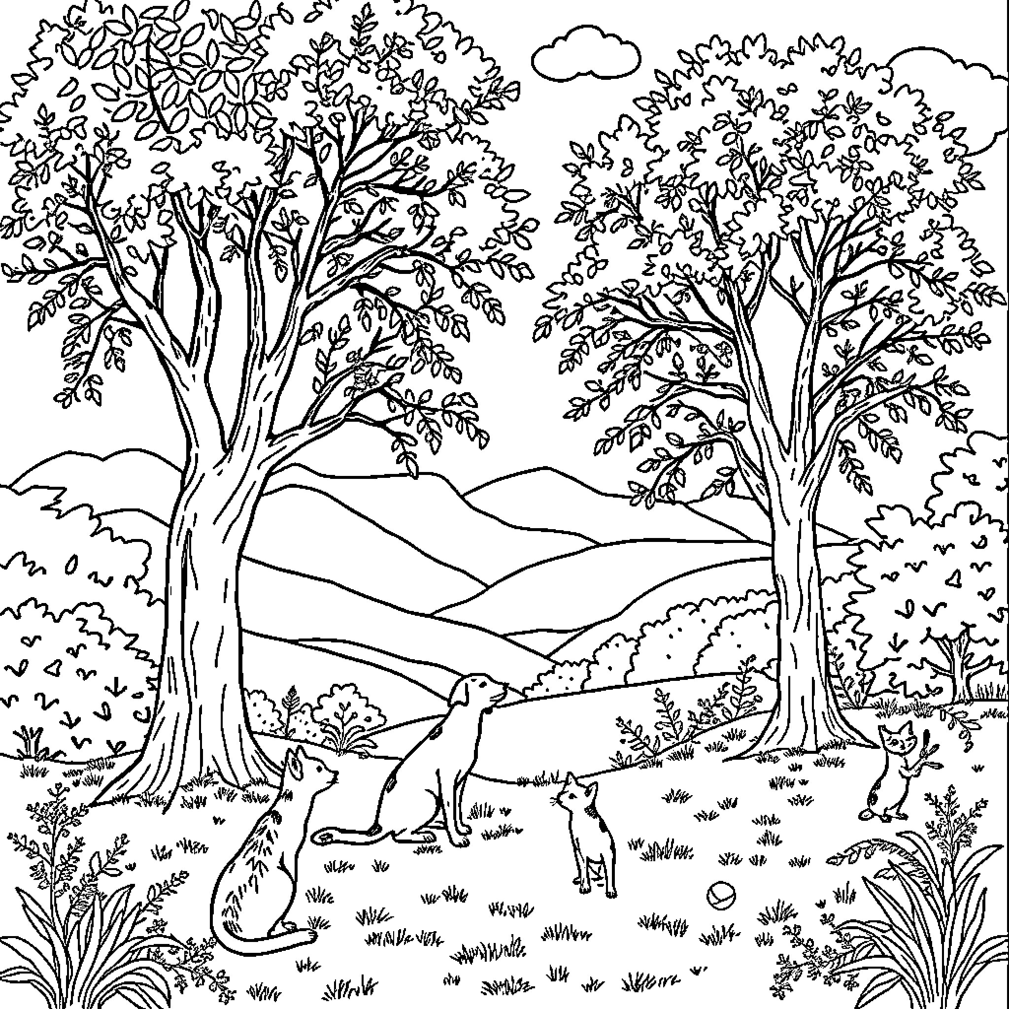 Animal forest landscape with trees and animals Coloring Page (free black-and-white line drawing printable PDF for all, from beginners to advanced learners, including children, teens, adults, and seniors)