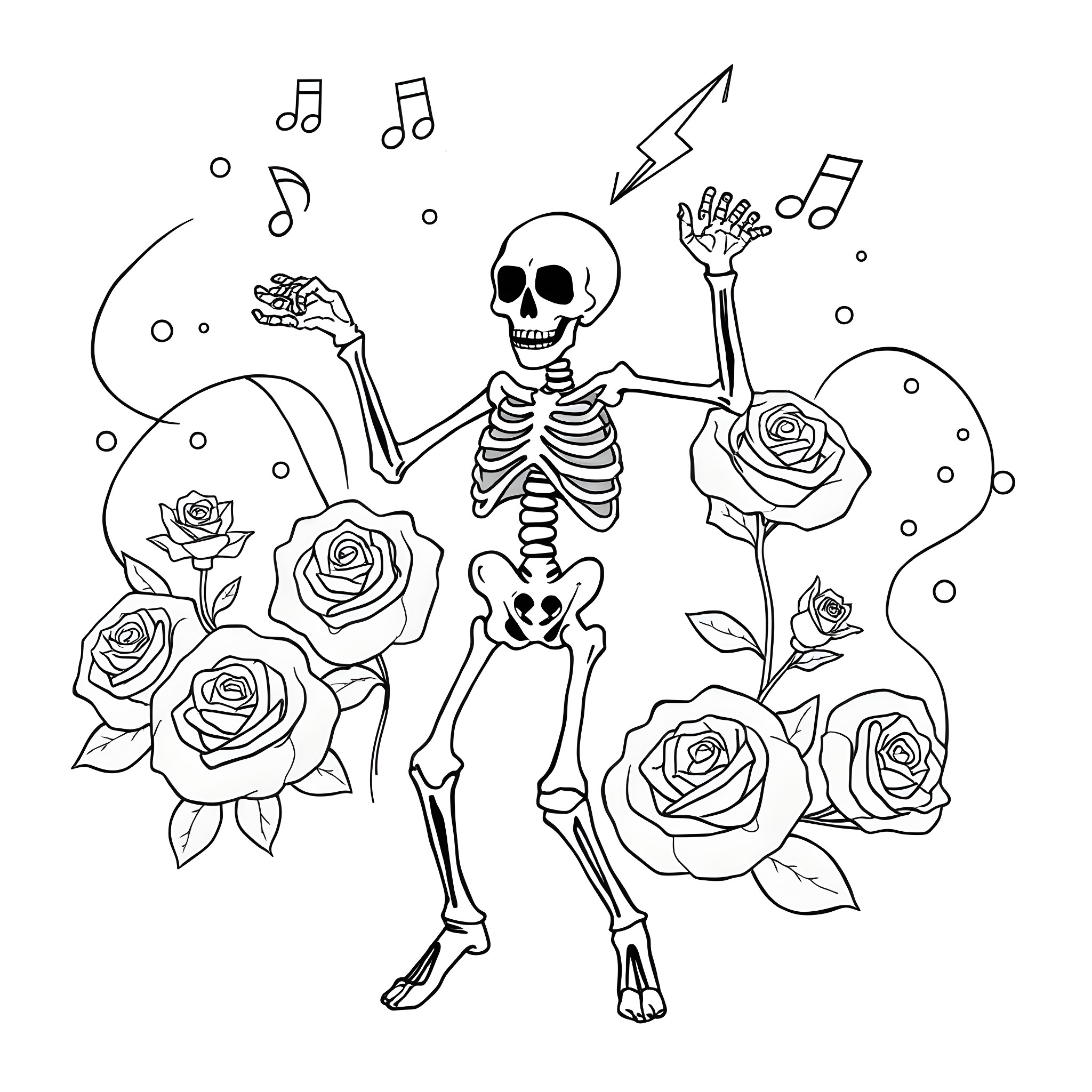 Grateful Dead skeleton dancing amidst roses and musical notes Coloring Page (free black-and-white line drawing printable PDF for all, from beginners to advanced learners, including children, teens, adults, and seniors)