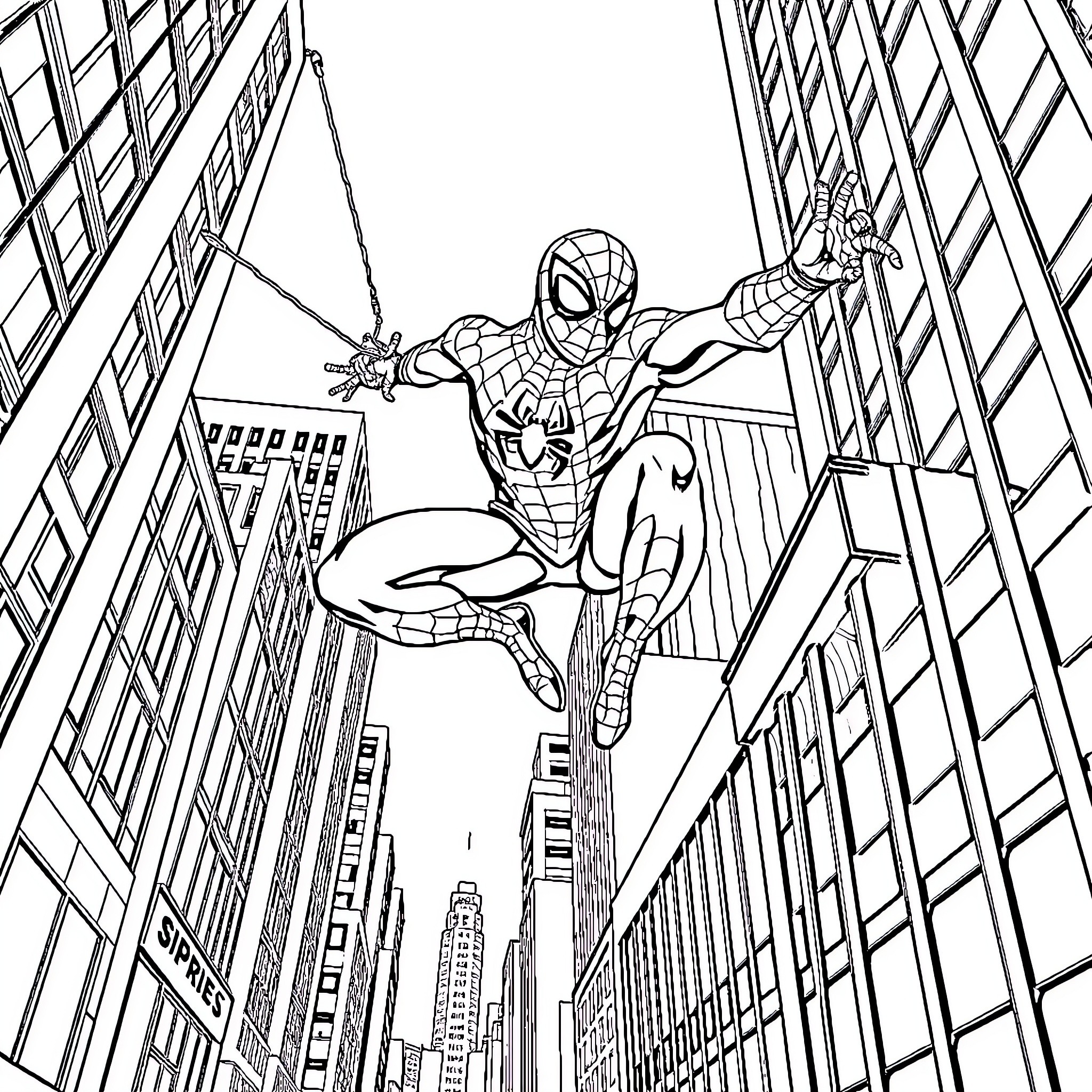 Spiderman swinging through the city streets Coloring Page (free black-and-white line drawing printable PDF for all, from beginners to advanced learners, including children, teens, adults, and seniors)