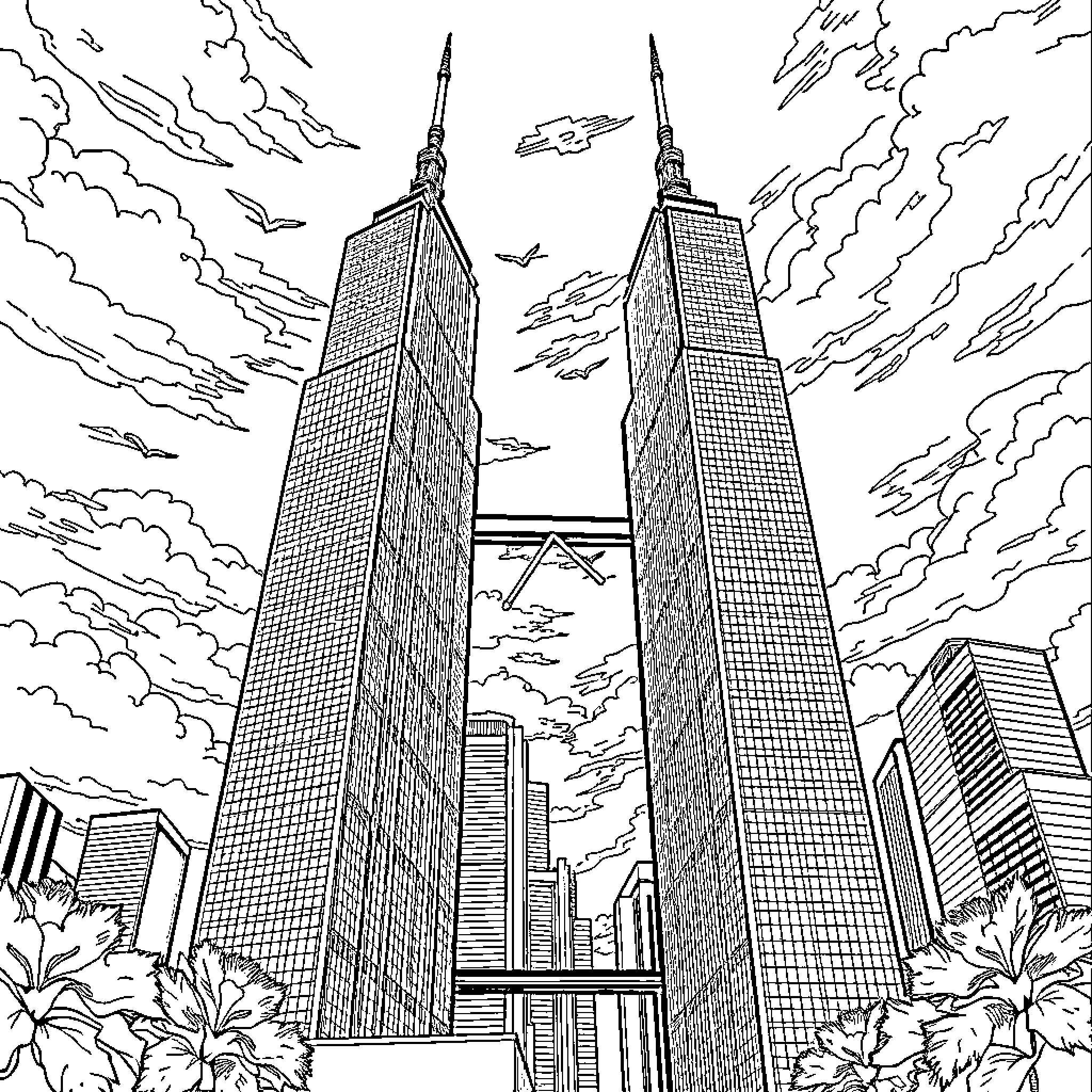 Twin Towers standing tall in the cityscape Coloring Page (free black-and-white line drawing printable PDF for all, from beginners to advanced learners, including children, teens, adults, and seniors)