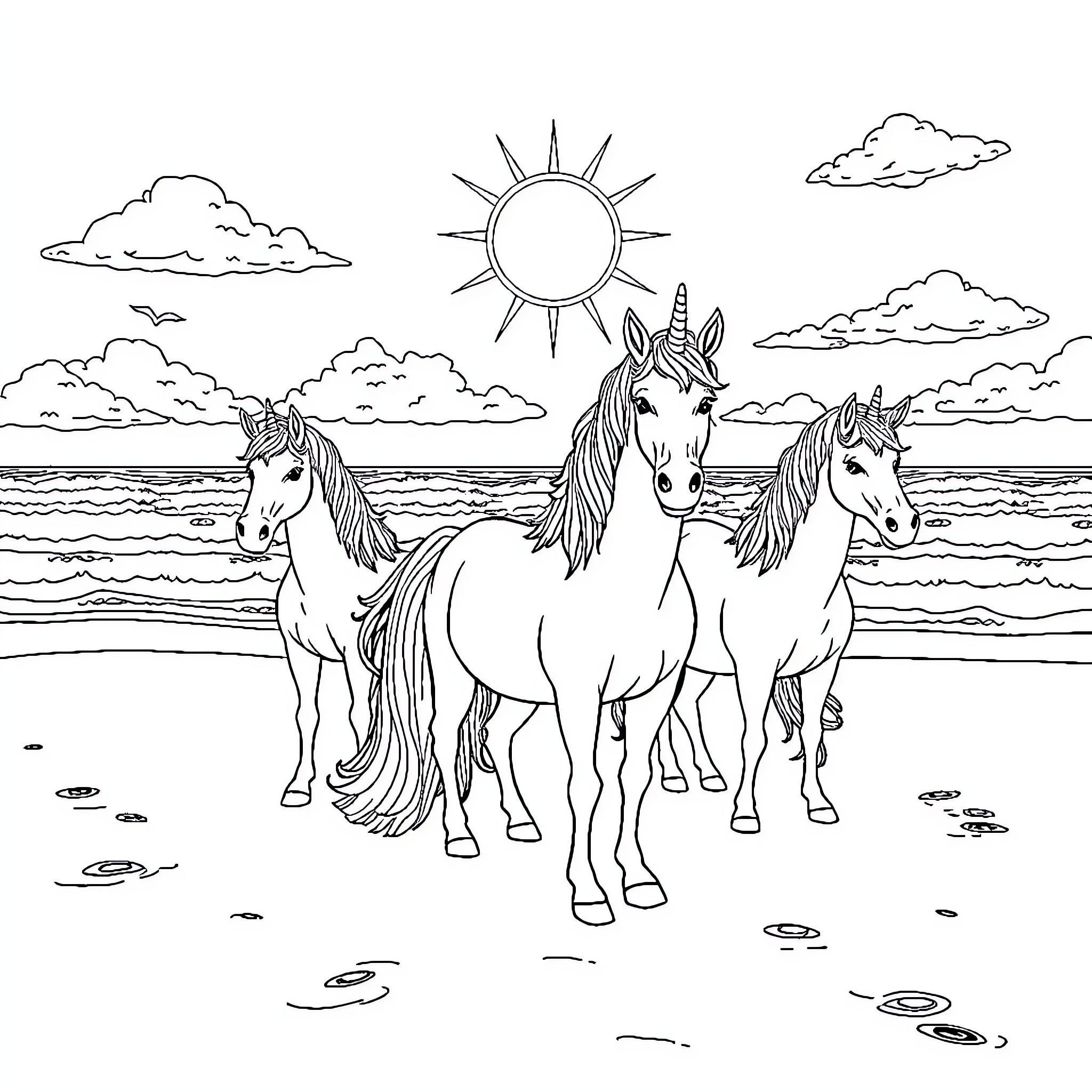Unicorn trio enjoying a sunny day by the sea Coloring Page (free black-and-white line drawing printable PDF for all, from beginners to advanced learners, including children, teens, adults, and seniors)