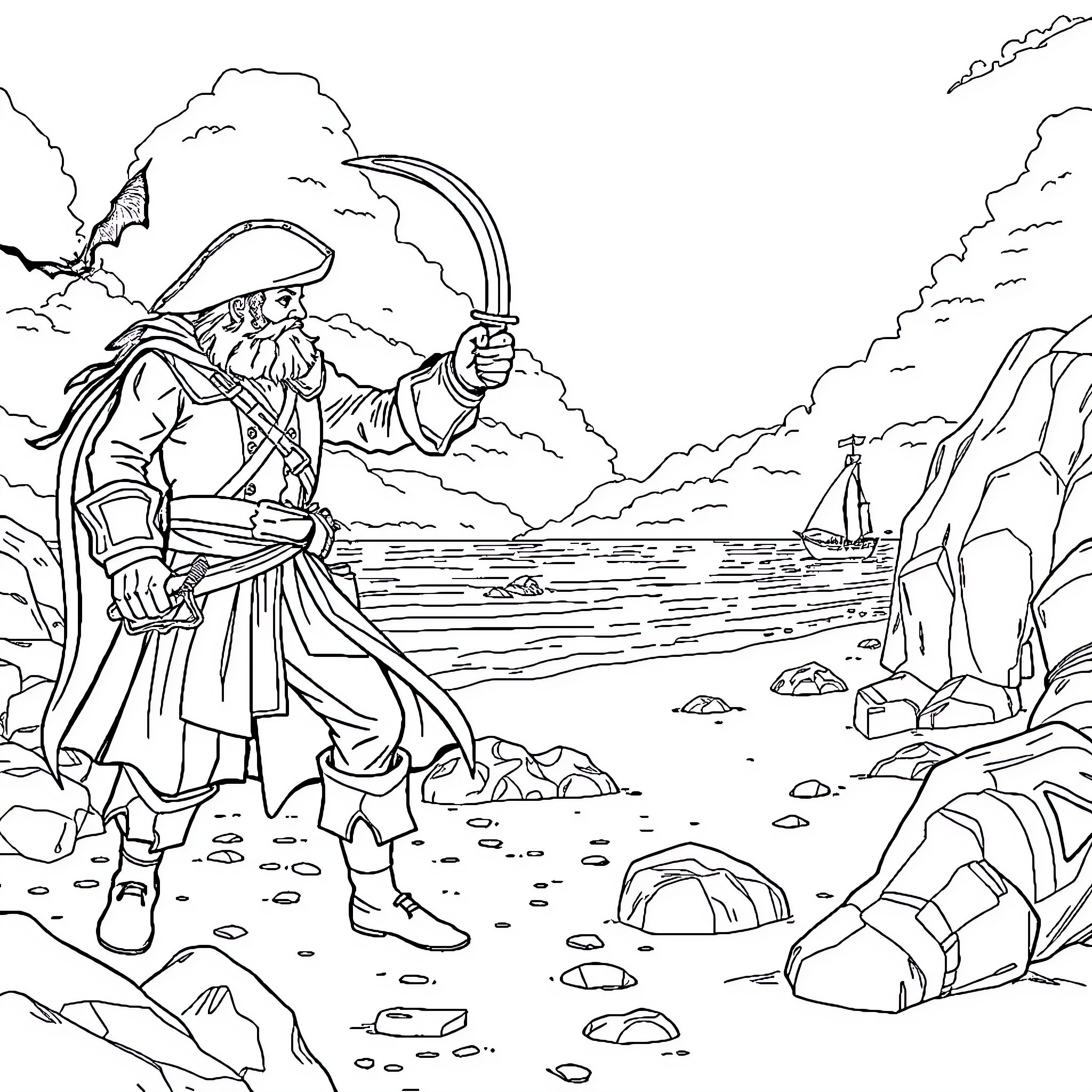 Mercredi: A Pirate's Adventurous Journey Coloring Page (free black-and-white line drawing printable PDF for all, from beginners to advanced learners, including children, teens, adults, and seniors)