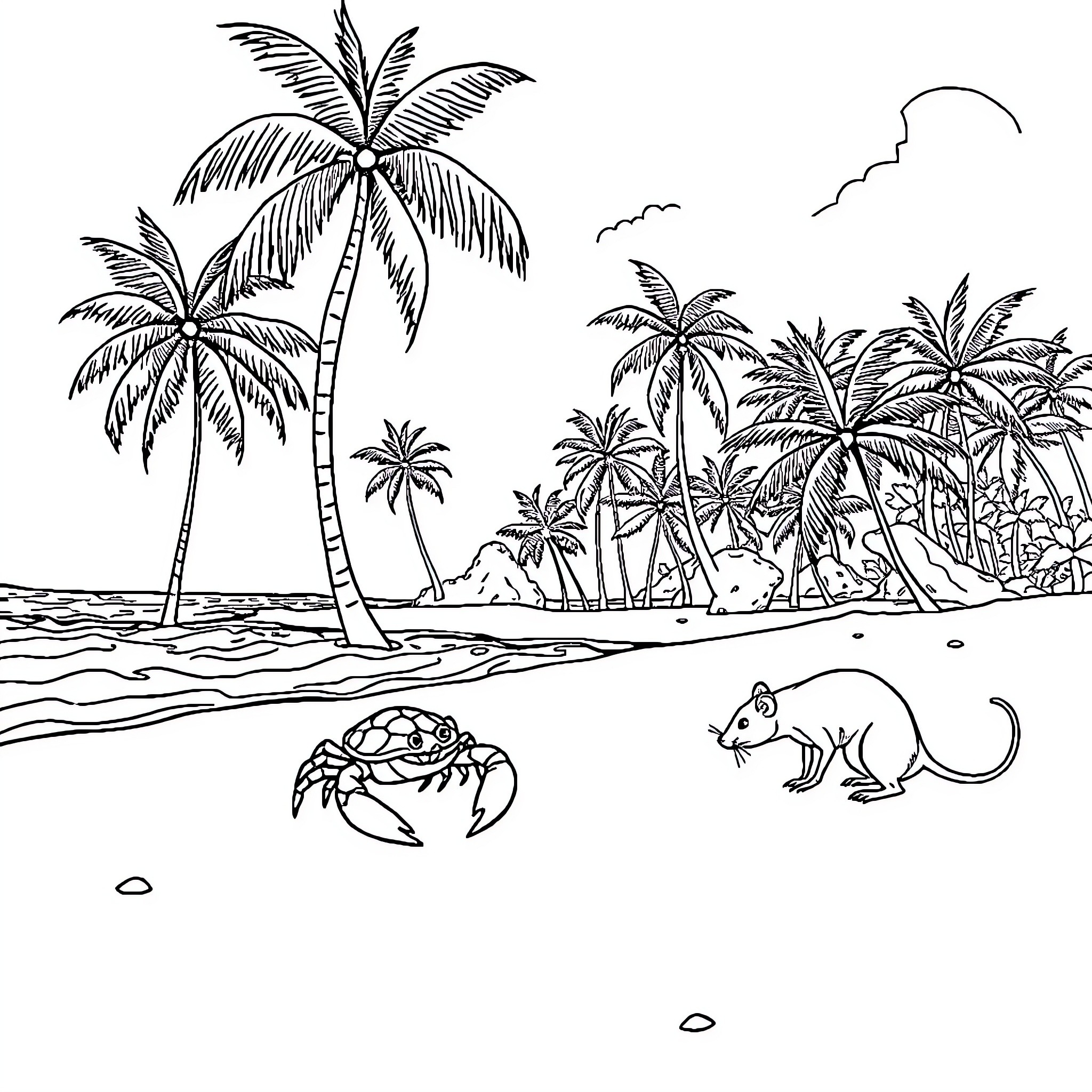 Crab strolling on tropical beach with palm trees Coloring Page (free black-and-white line drawing printable PDF for all, from beginners to advanced learners, including children, teens, adults, and seniors)