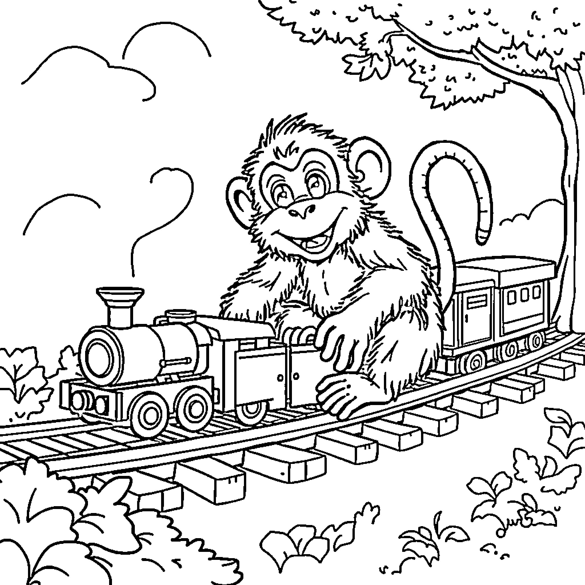 Monkey riding a playful train through the forest Coloring Page (free black-and-white line drawing printable PDF for all, from beginners to advanced learners, including children, teens, adults, and seniors)