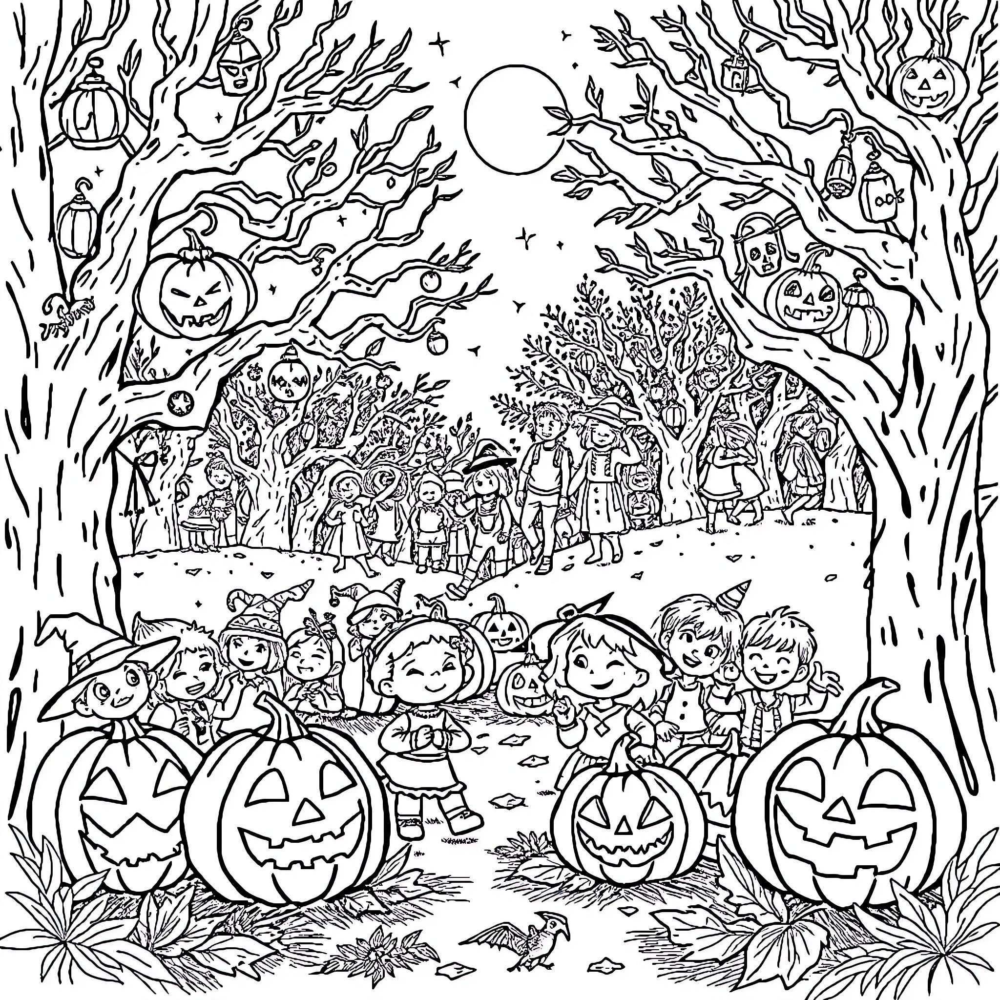 Halloween Celebration with Costumed Characters in a Spooky Forest Coloring Page (free black-and-white line drawing printable PDF for all, from beginners to advanced learners, including children, teens, adults, and seniors)
