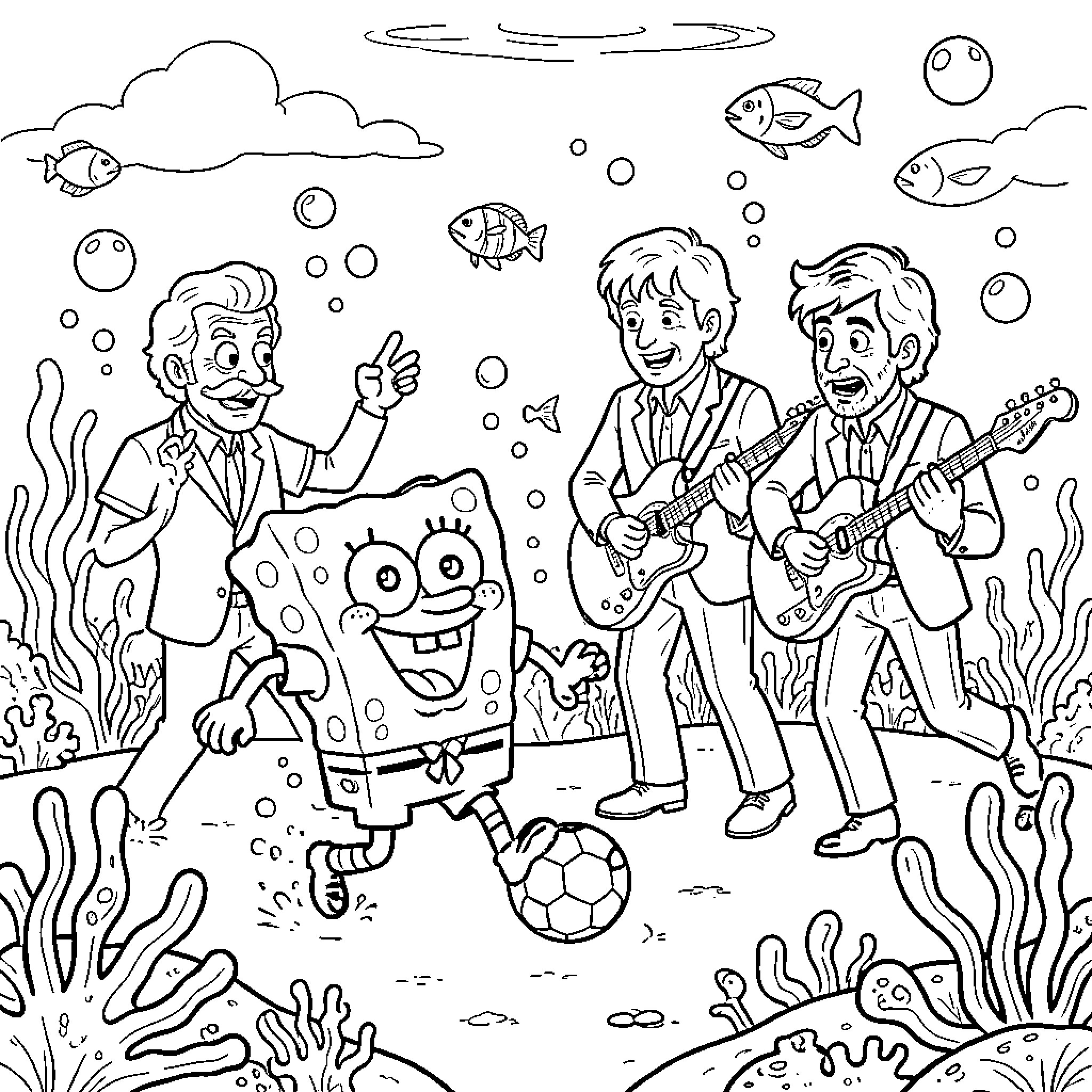 Bob esponja playing soccer with musical characters Coloring Page (free black-and-white line drawing printable PDF for all, from beginners to advanced learners, including children, teens, adults, and seniors)