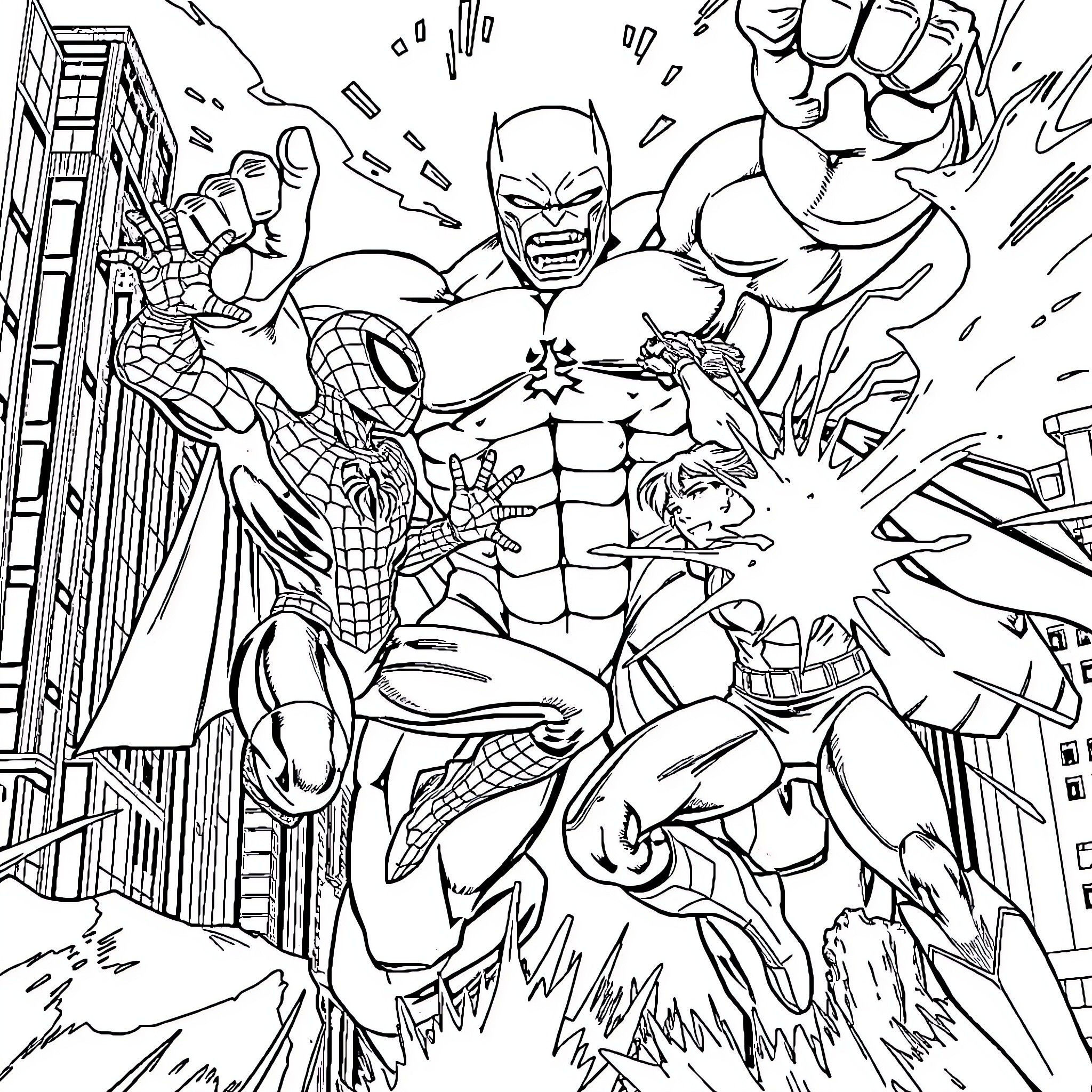 Spiderman battles fierce villains in epic city clash Coloring Page (free black-and-white line drawing printable PDF for all, from beginners to advanced learners, including children, teens, adults, and seniors)