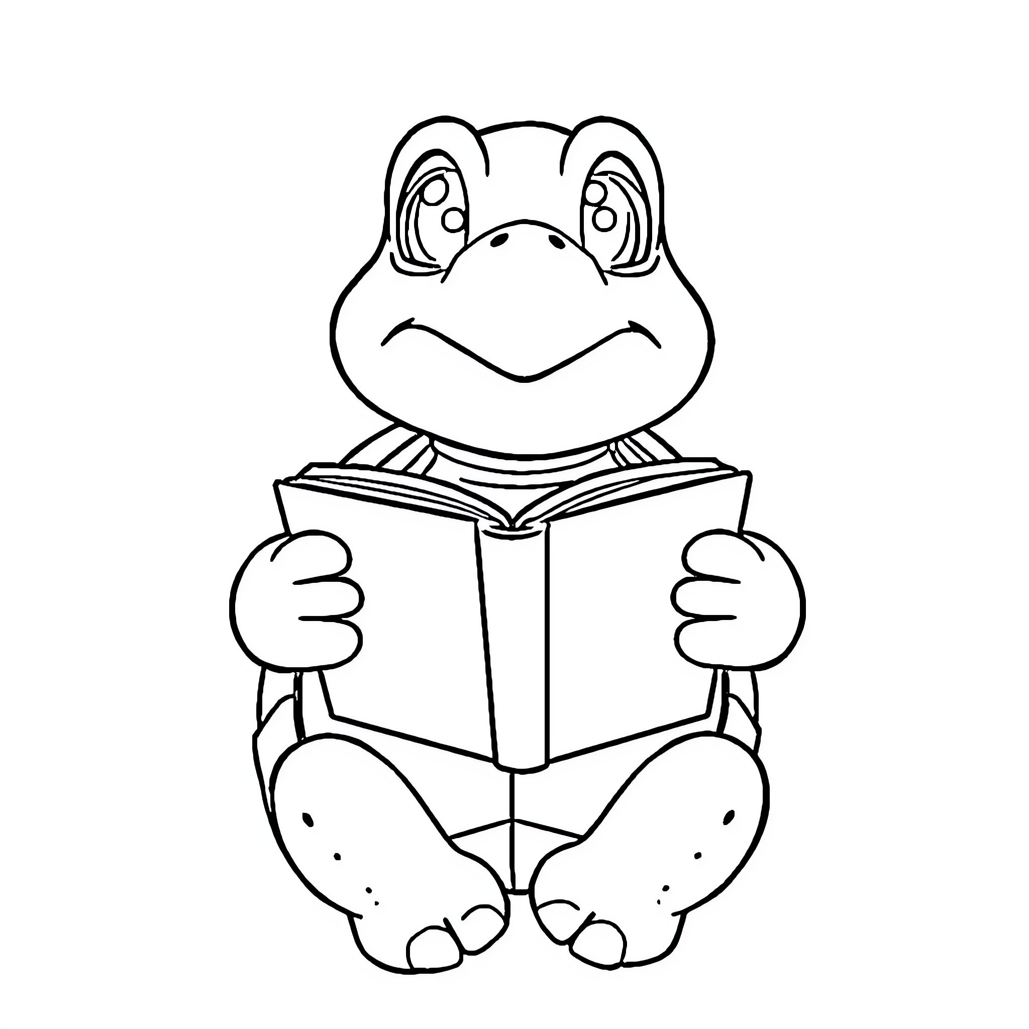 Turtle reading a book happily Coloring Page (free black-and-white line drawing printable PDF for all, from beginners to advanced learners, including children, teens, adults, and seniors)