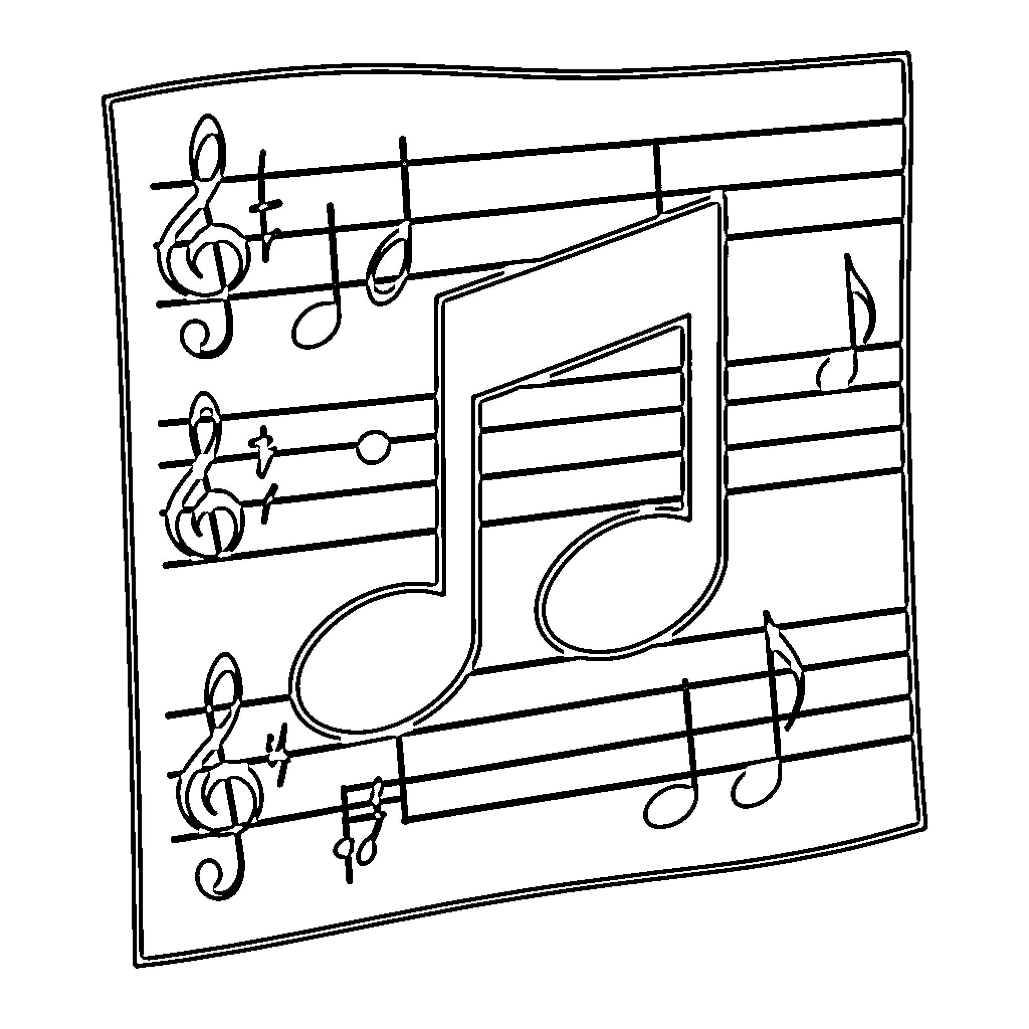 Music Note symbols arranged on a musical staff Coloring Page (free black-and-white line drawing printable PDF for all, from beginners to advanced learners, including children, teens, adults, and seniors)