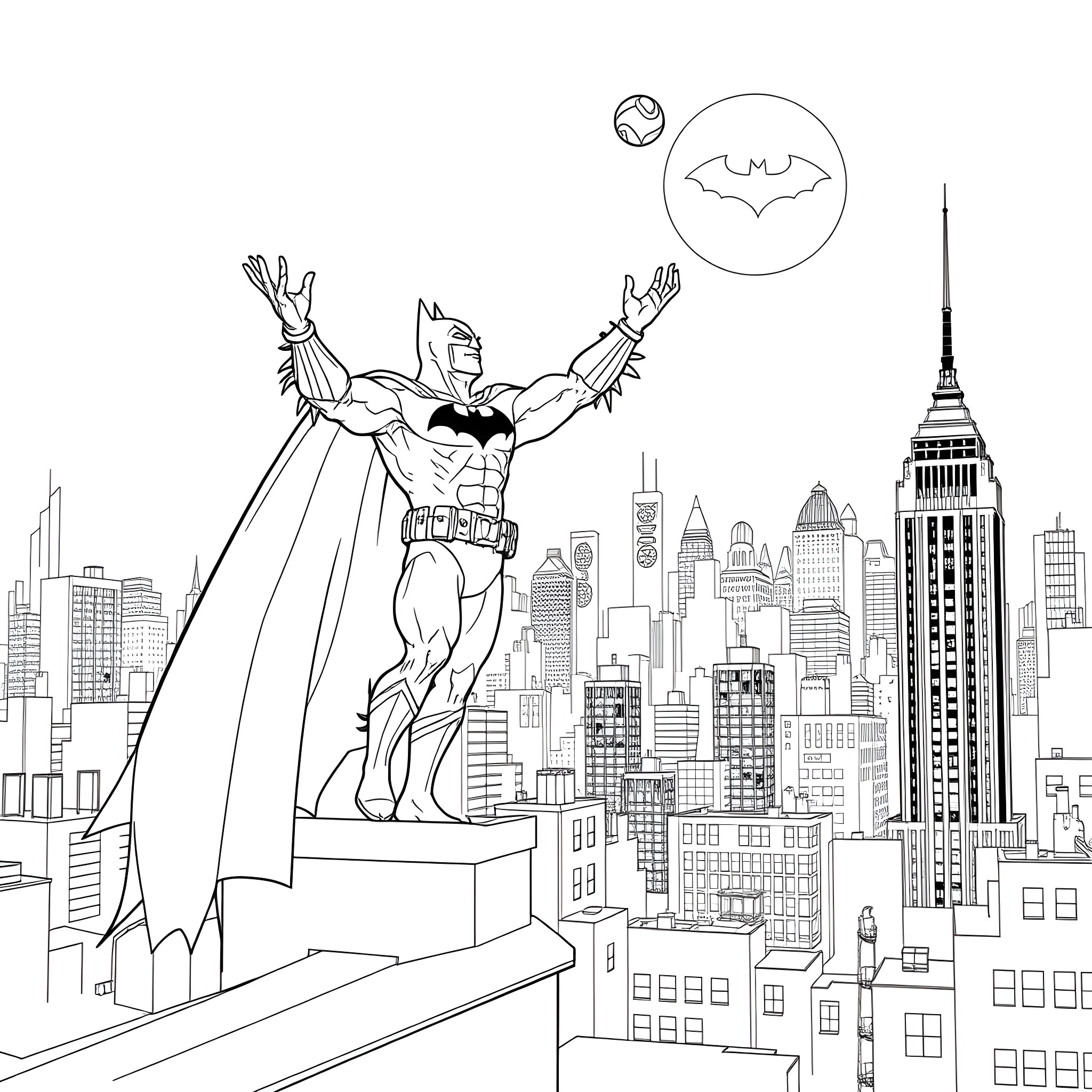 Batman standing tall over the city skyline Coloring Page (free black-and-white line drawing printable PDF for all, from beginners to advanced learners, including children, teens, adults, and seniors)