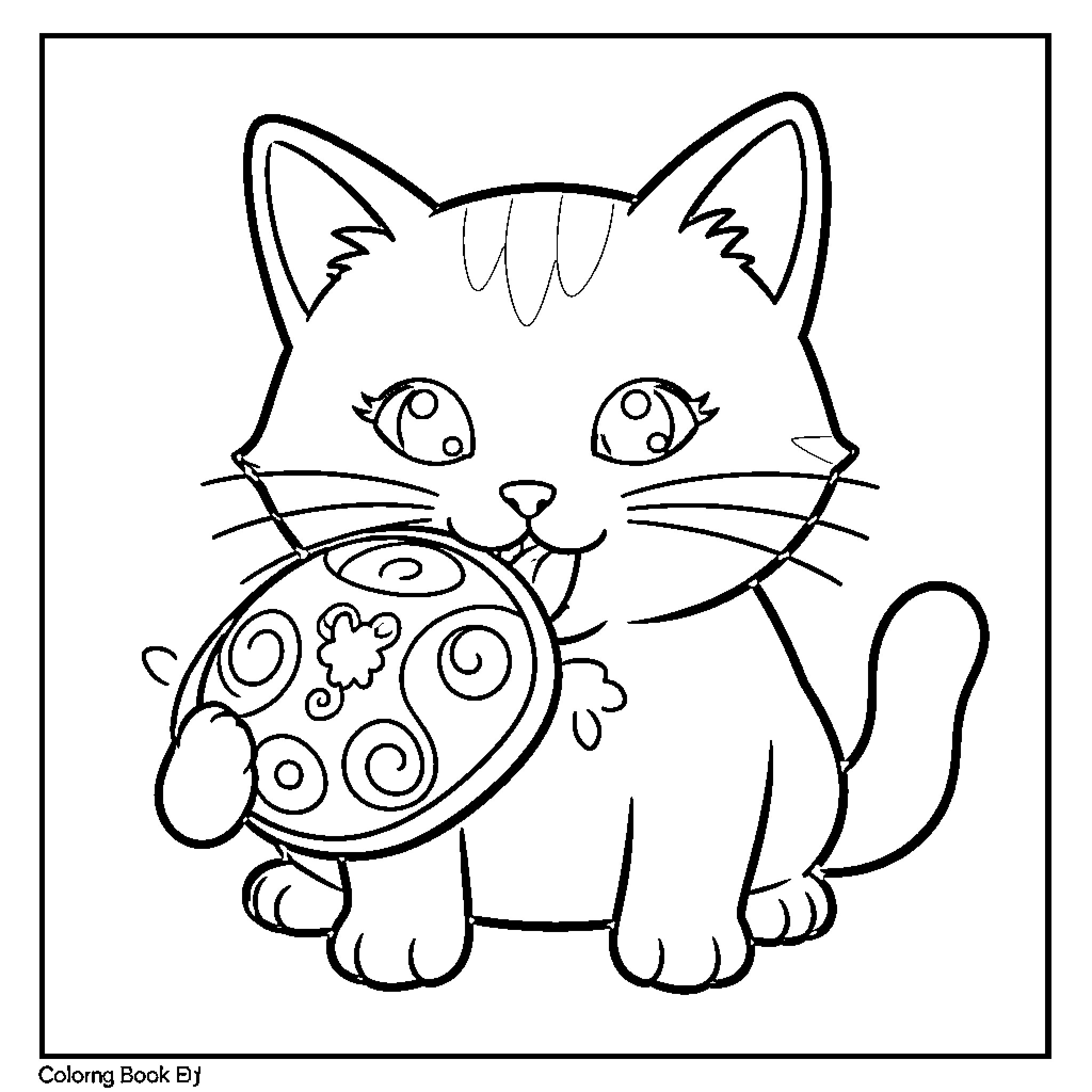 Cat with Decorative Ball Coloring Page (free black-and-white line drawing printable PDF for all, from beginners to advanced learners, including children, teens, adults, and seniors)
