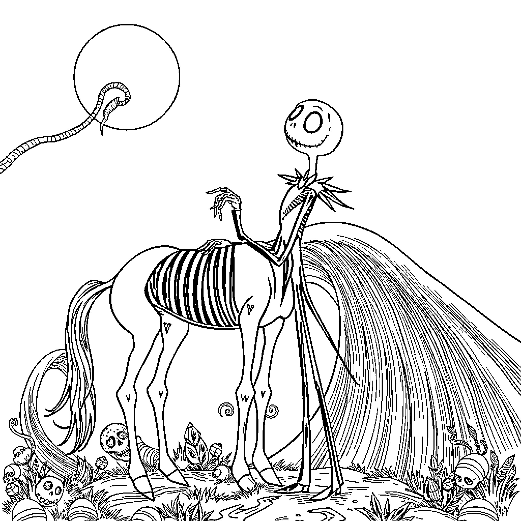 Jack Skellington in a Whimsical Moonlit Landscape Coloring Page (free black-and-white line drawing printable PDF for all, from beginners to advanced learners, including children, teens, adults, and seniors)