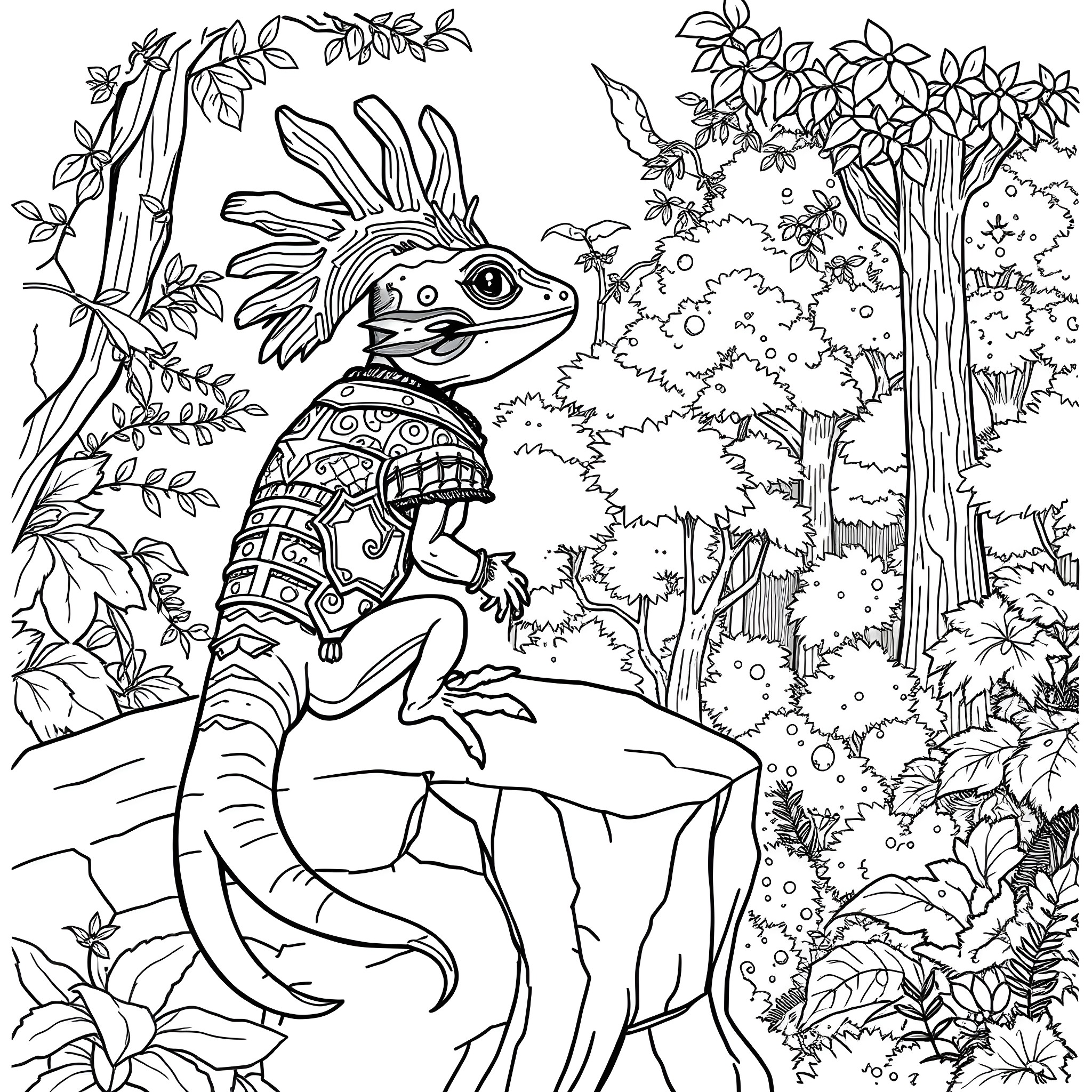 Crested Gecko exploring the enchanted forest Coloring Page (free black-and-white line drawing printable PDF for all, from beginners to advanced learners, including children, teens, adults, and seniors)