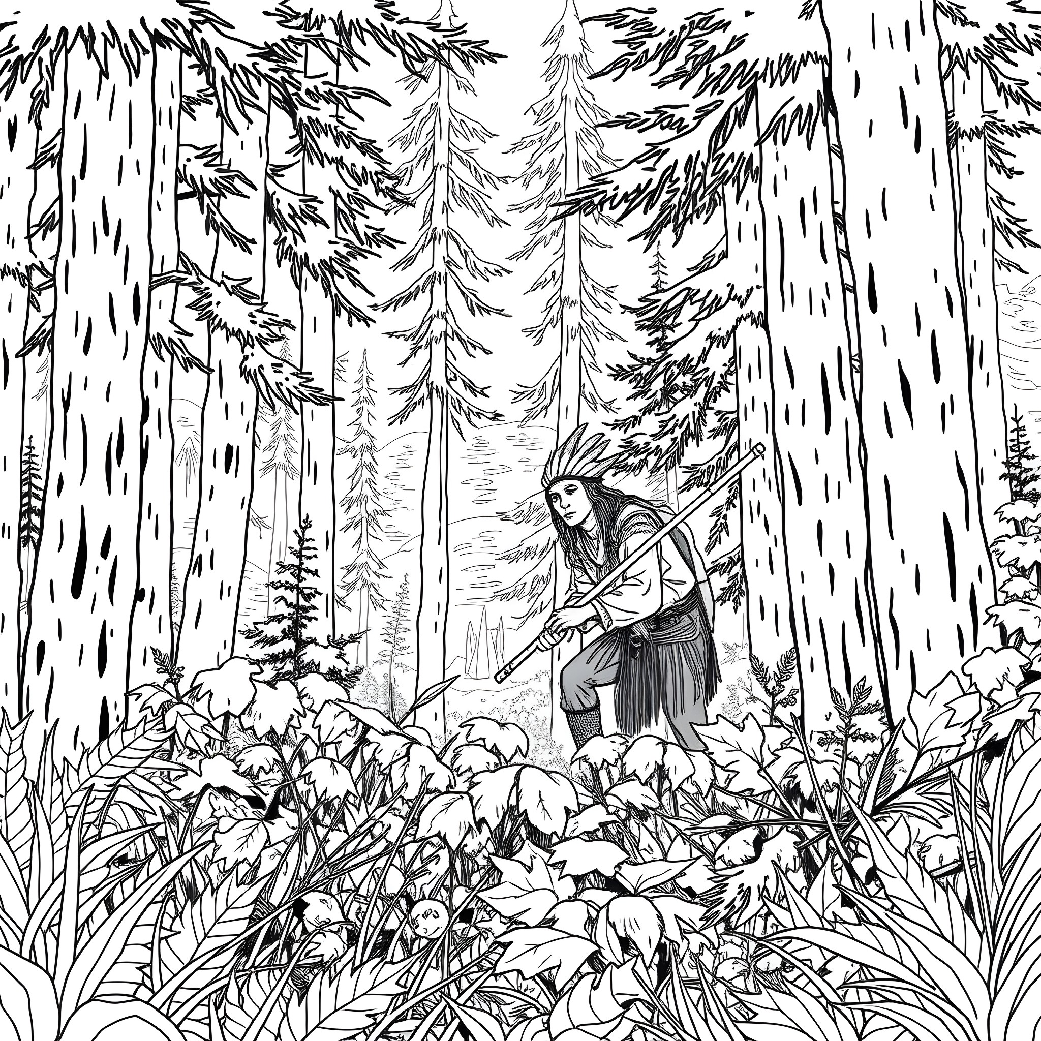 Hunter exploring the snowy forest landscape Coloring Page (free black-and-white line drawing printable PDF for all, from beginners to advanced learners, including children, teens, adults, and seniors)