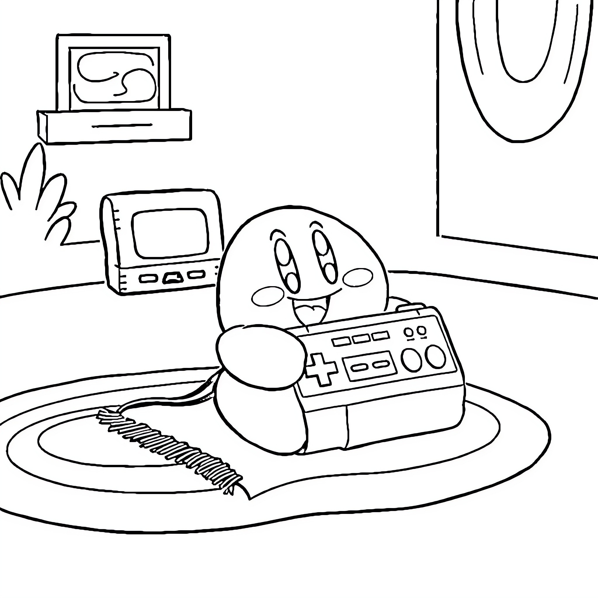 Kirby Playing Video Games with Controllers Coloring Page (free black-and-white line drawing printable PDF for all, from beginners to advanced learners, including children, teens, adults, and seniors)