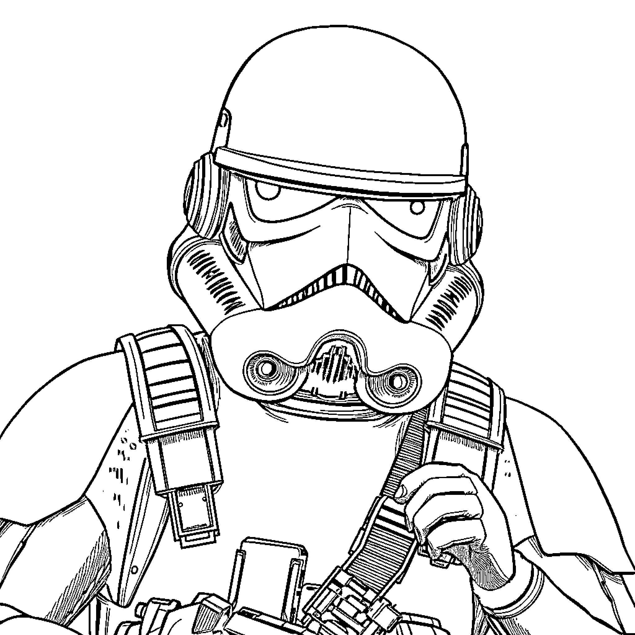 Stormtrooper on patrol with blaster ready Coloring Page (free black-and-white line drawing printable PDF for all, from beginners to advanced learners, including children, teens, adults, and seniors)