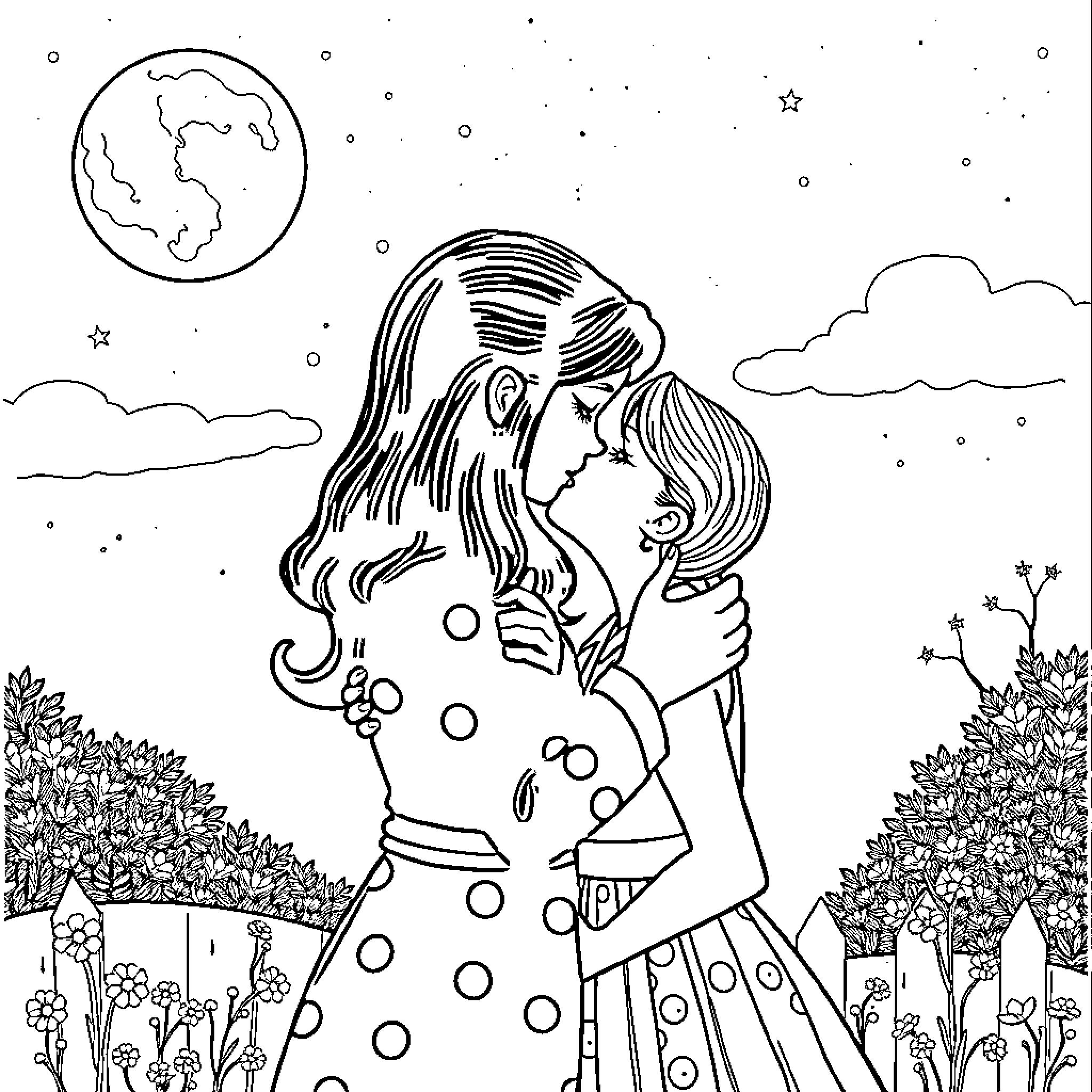 Wednesday Addams sharing a tender moment under the night sky Coloring Page (free black-and-white line drawing printable PDF for all, from beginners to advanced learners, including children, teens, adults, and seniors)