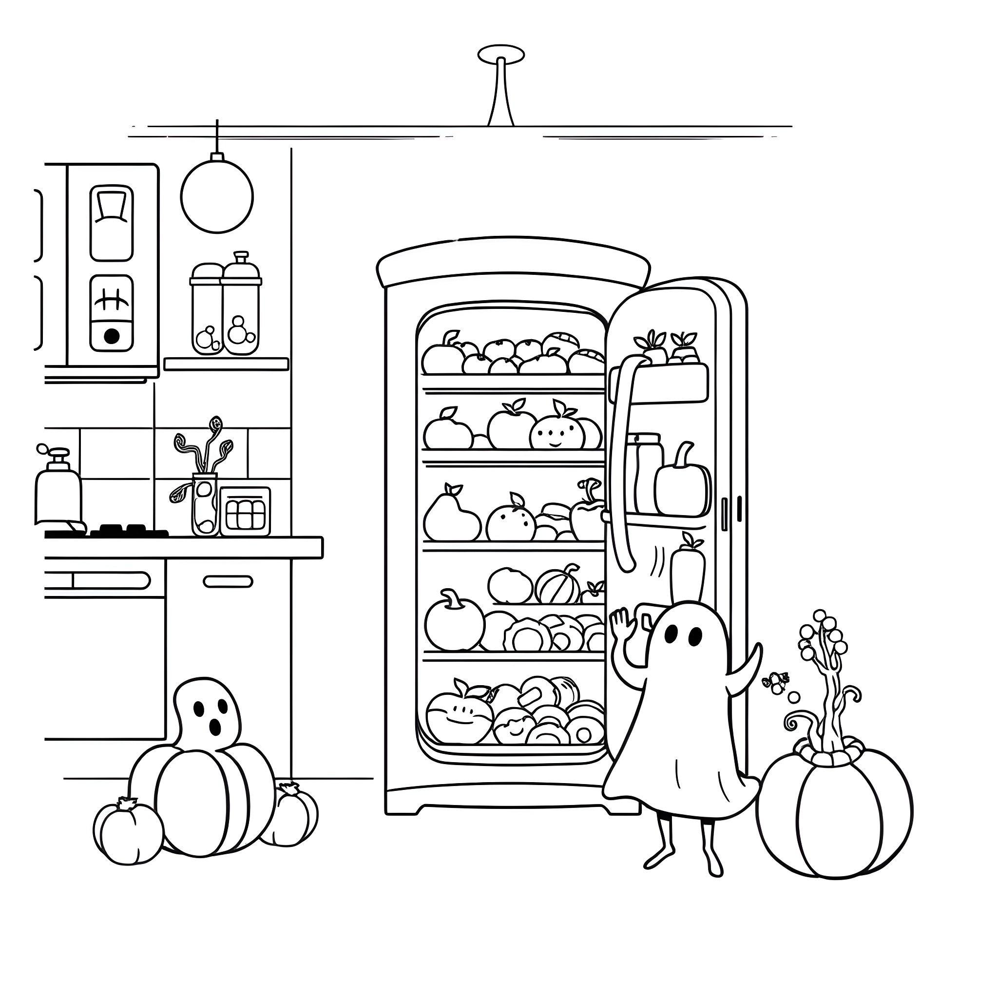 Food Ghost Exploring the Kitchen Coloring Page (free black-and-white line drawing printable PDF for all, from beginners to advanced learners, including children, teens, adults, and seniors)