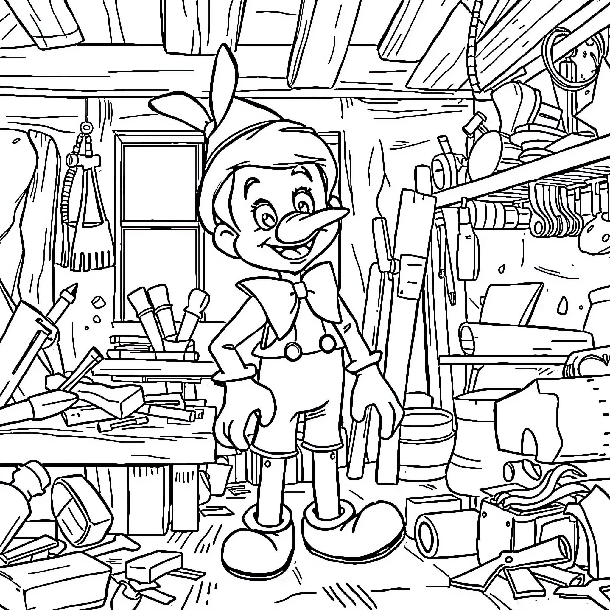 Pinocchio in a cluttered workshop Coloring Page (free black-and-white line drawing printable PDF for all, from beginners to advanced learners, including children, teens, adults, and seniors)