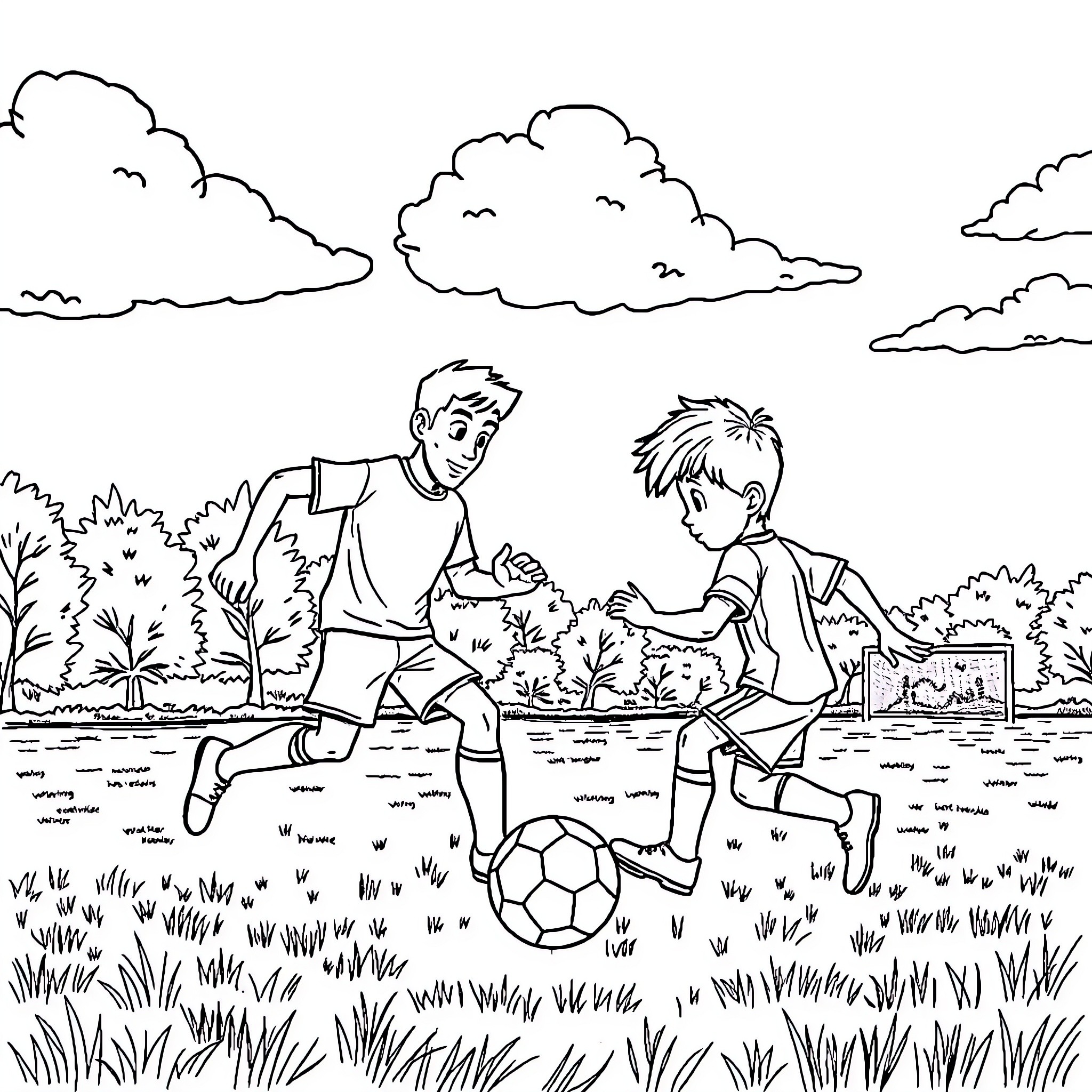 Lofi Boys Playing Soccer in the Park Coloring Page (free black-and-white line drawing printable PDF for all, from beginners to advanced learners, including children, teens, adults, and seniors)
