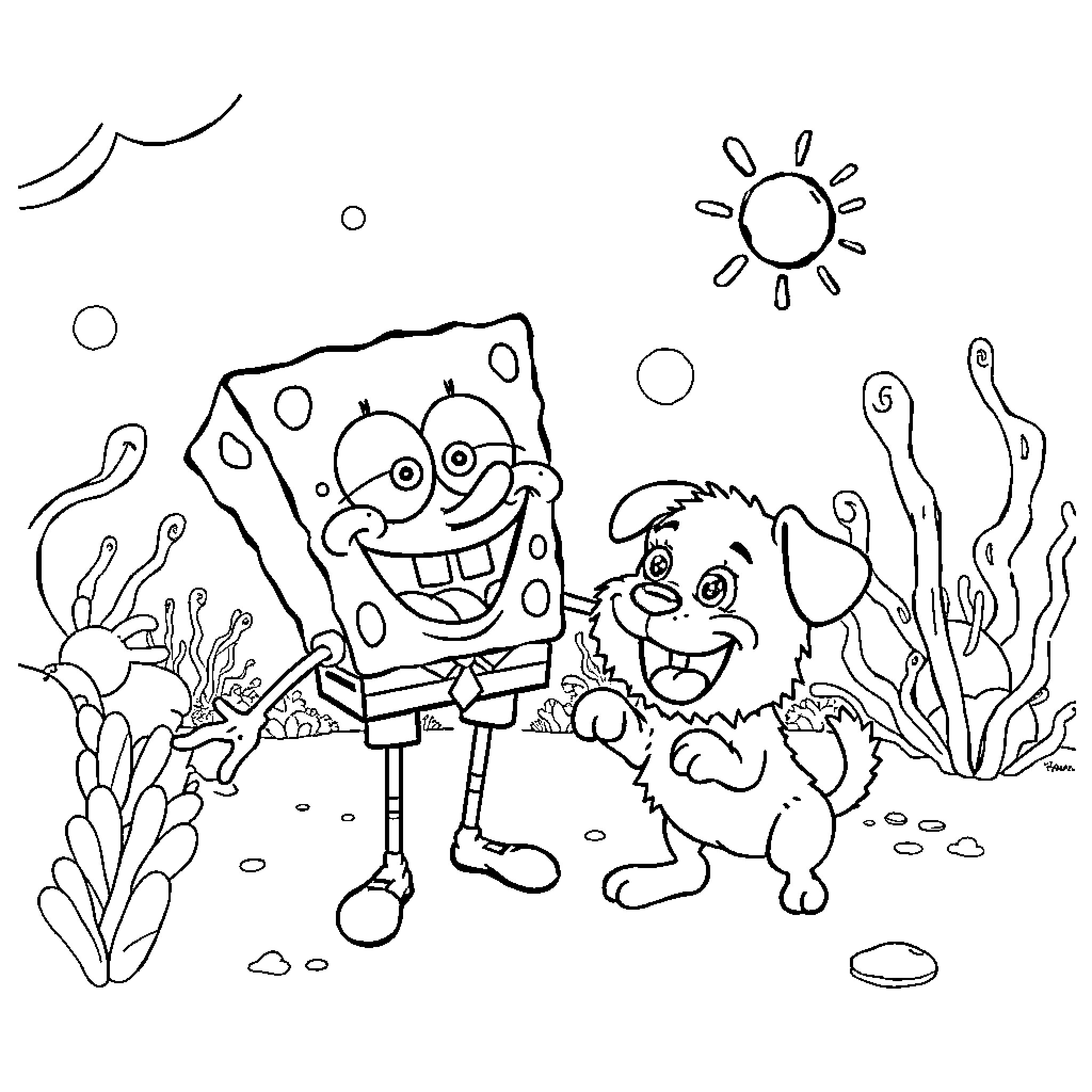 Spongebob and his pet playing in the ocean Coloring Page (free black-and-white line drawing printable PDF for all, from beginners to advanced learners, including children, teens, adults, and seniors)
