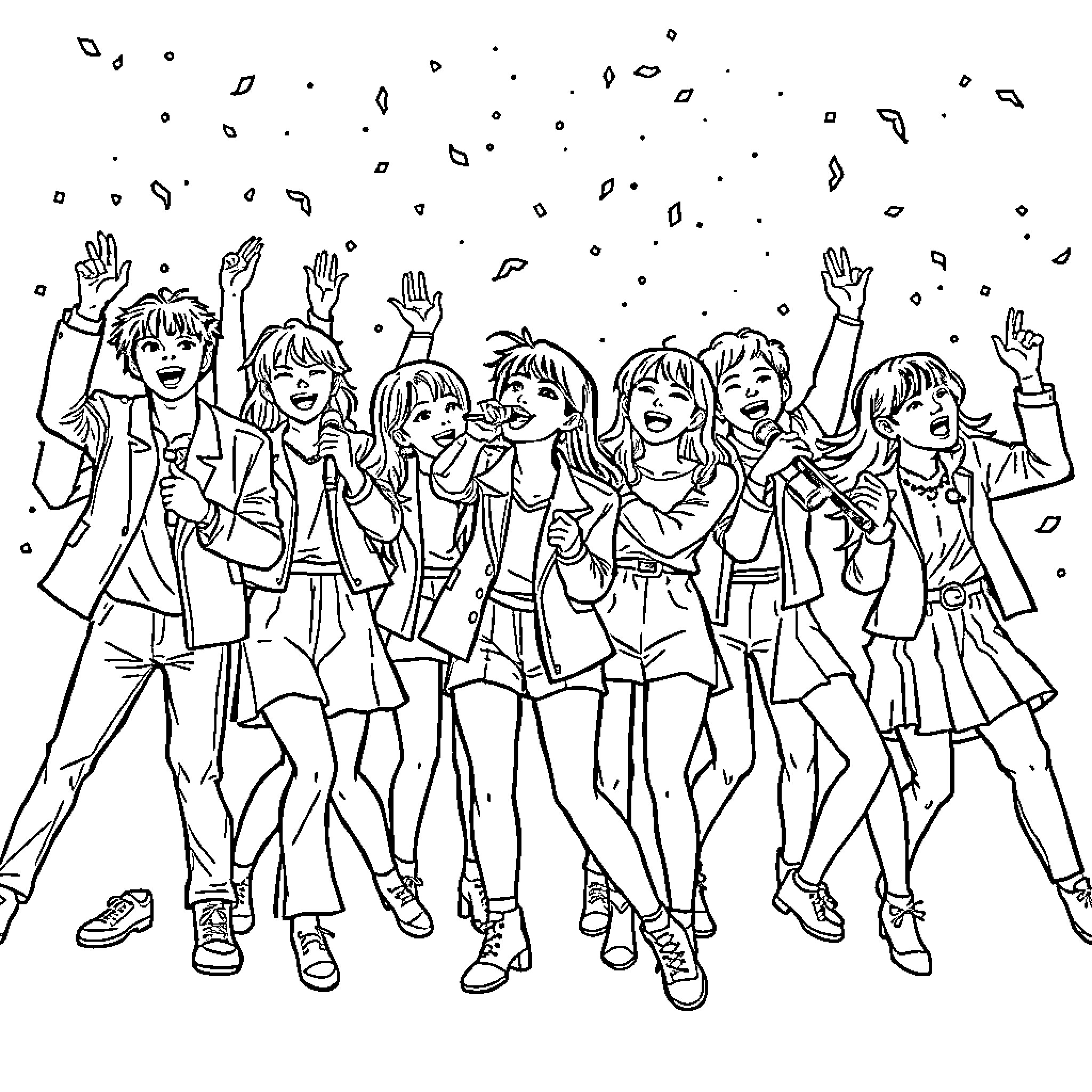 Labubu's Joyful Celebration with Friends Coloring Page (free black-and-white line drawing printable PDF for all, from beginners to advanced learners, including children, teens, adults, and seniors)