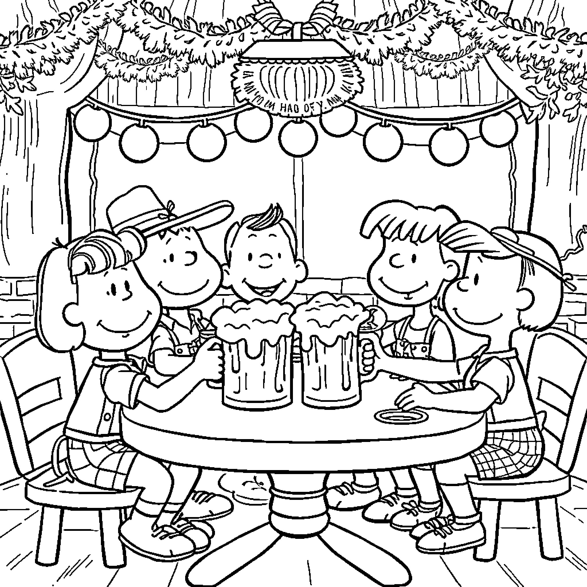 Peanuts Gang Celebrating with Cake and Decorations Coloring Page (free black-and-white line drawing printable PDF for all, from beginners to advanced learners, including children, teens, adults, and seniors)