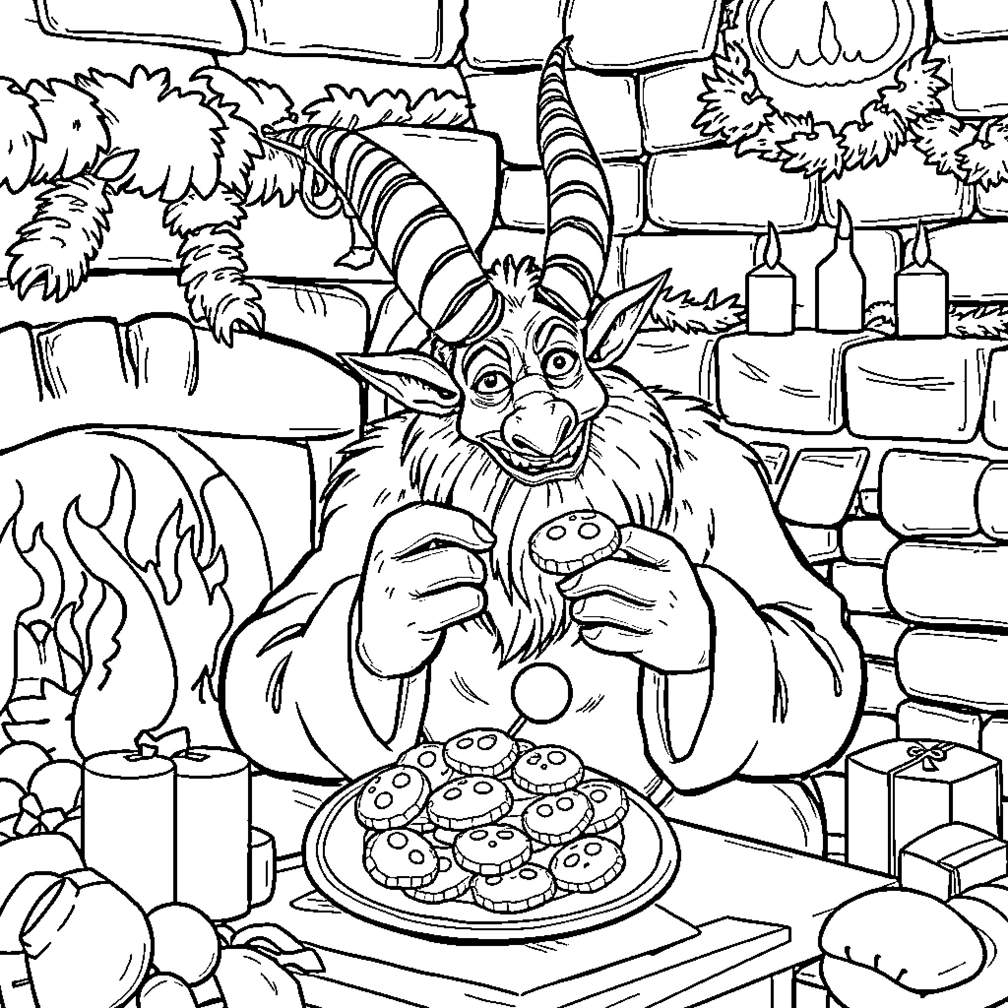 Krampus Enjoying Holiday Treats in His Lair Coloring Page (free black-and-white line drawing printable PDF for all, from beginners to advanced learners, including children, teens, adults, and seniors)