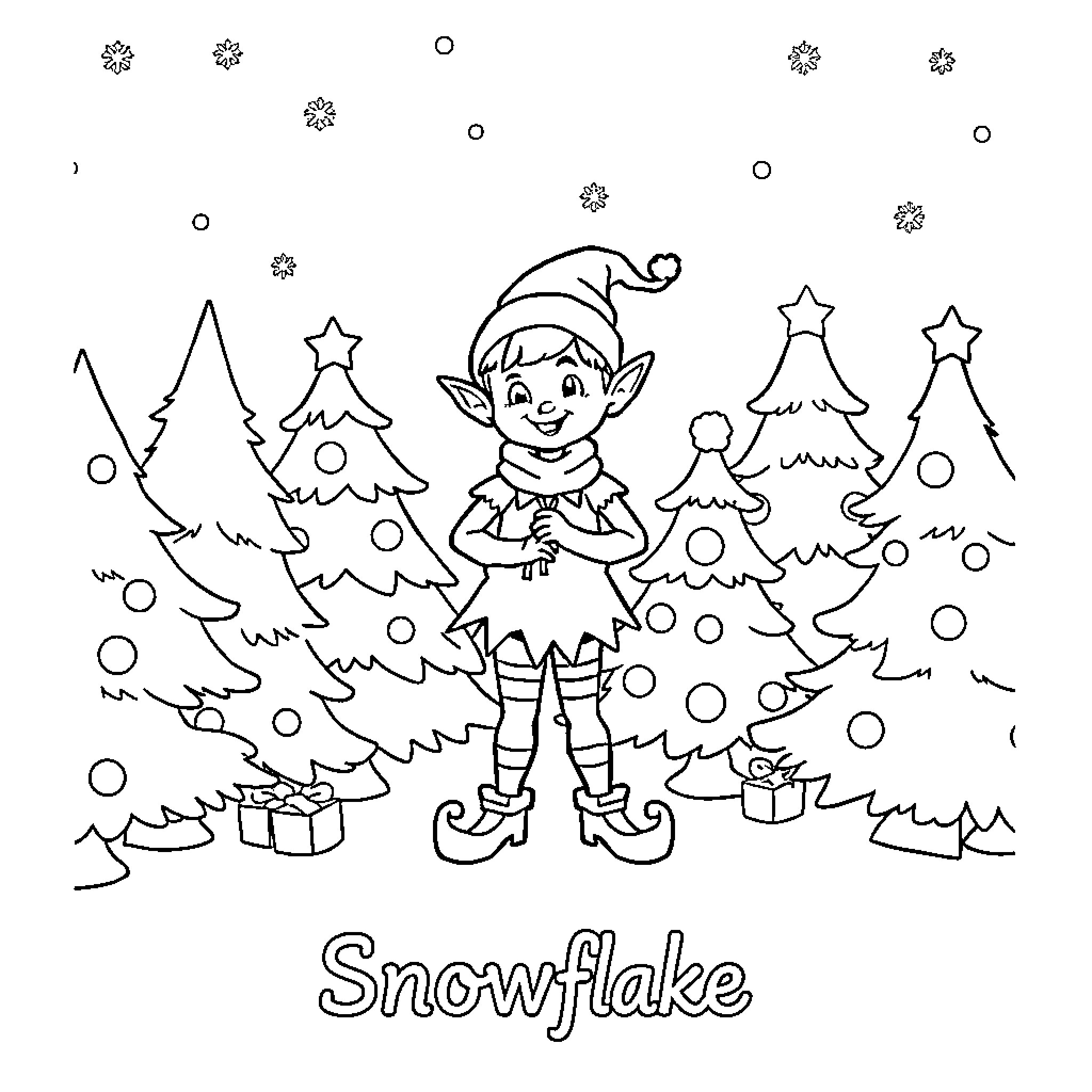 Girl Elf in Winter Wonderland Coloring Page (free black-and-white line drawing printable PDF for all, from beginners to advanced learners, including children, teens, adults, and seniors)
