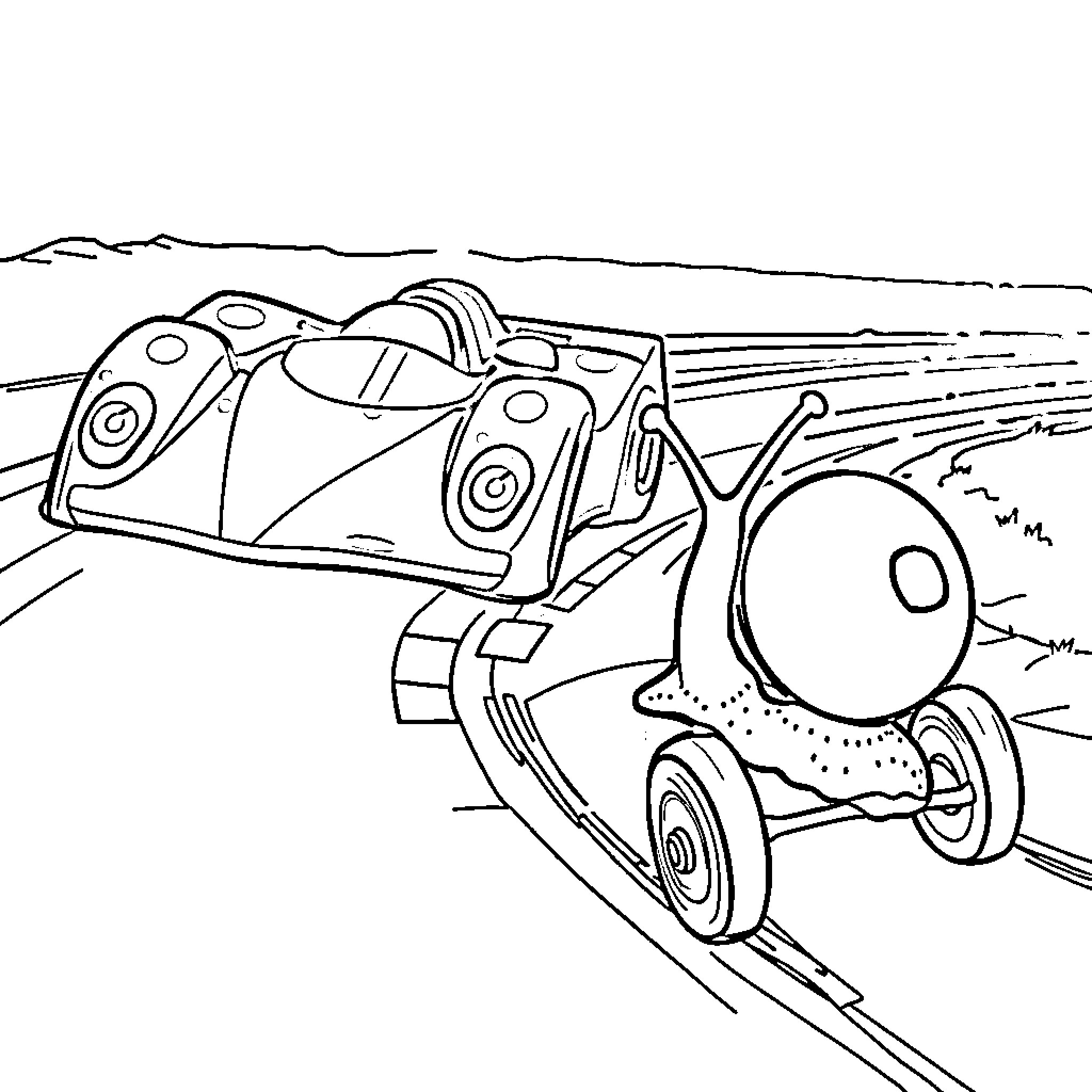 Snail riding a racing car in the countryside Coloring Page (free black-and-white line drawing printable PDF for all, from beginners to advanced learners, including children, teens, adults, and seniors)