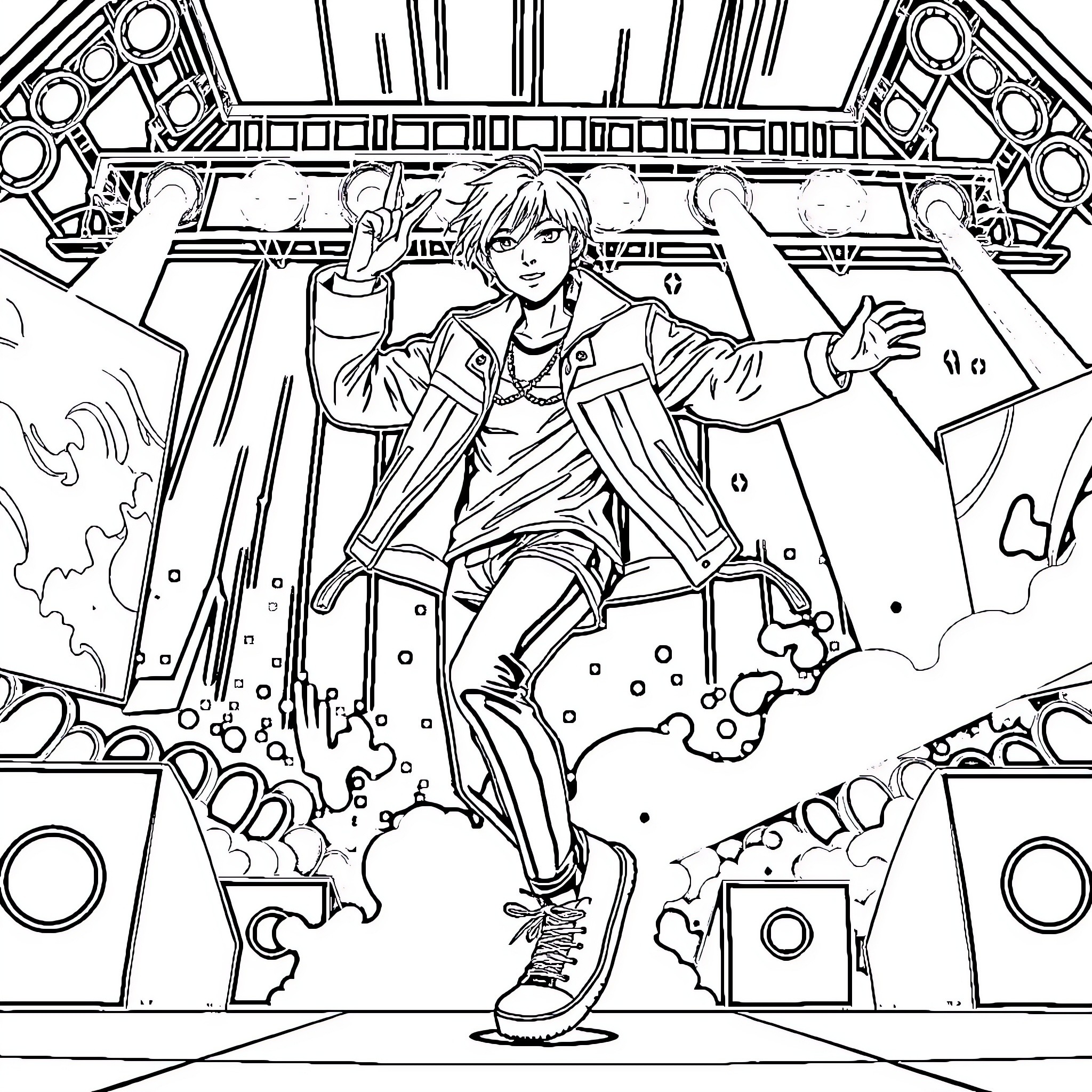 Kpop Hunter Performs Energetic Dance Moves on Stage Coloring Page (free black-and-white line drawing printable PDF for all, from beginners to advanced learners, including children, teens, adults, and seniors)