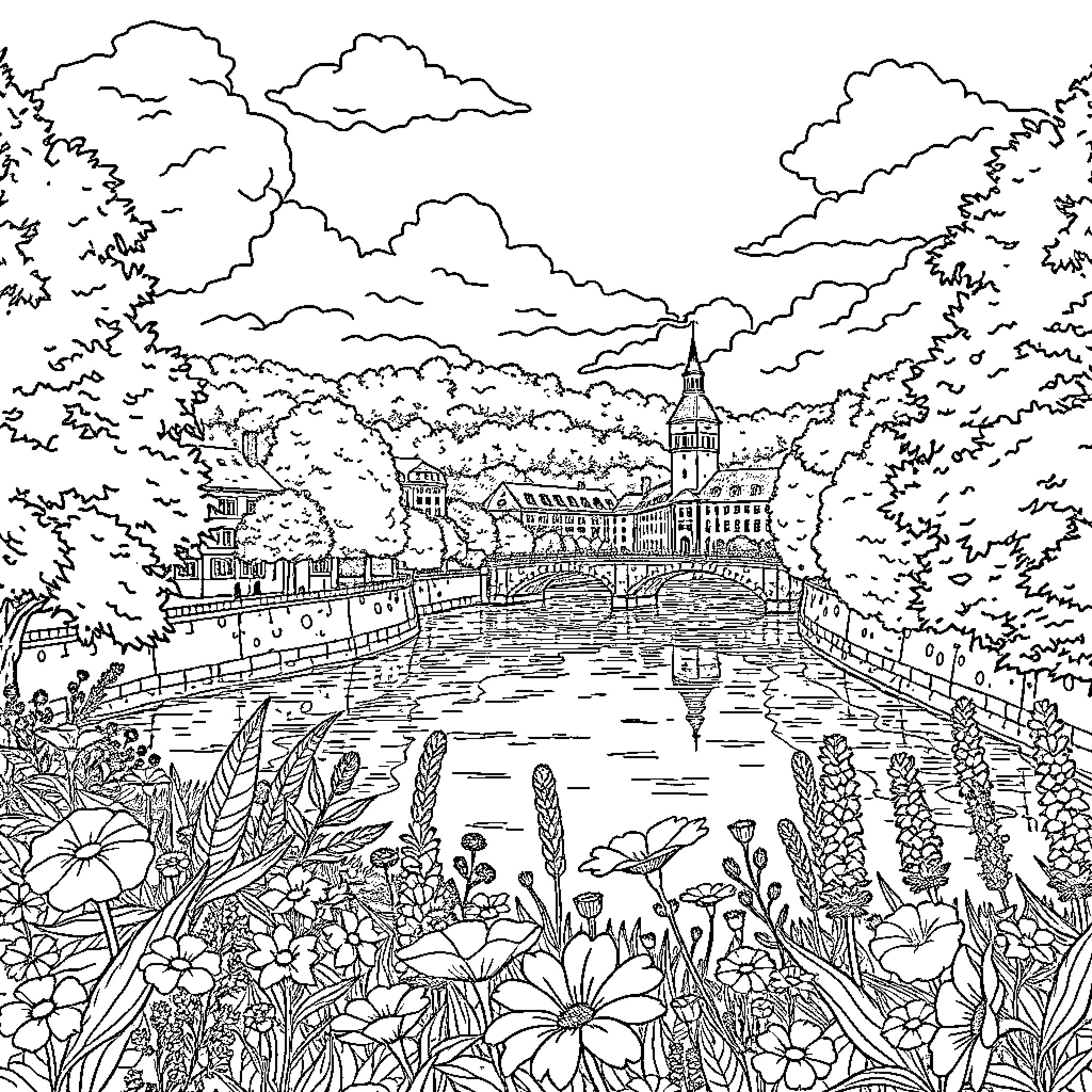 Three Borders: Scenic Town by the River and Flowers Coloring Page (free black-and-white line drawing printable PDF for all, from beginners to advanced learners, including children, teens, adults, and seniors)
