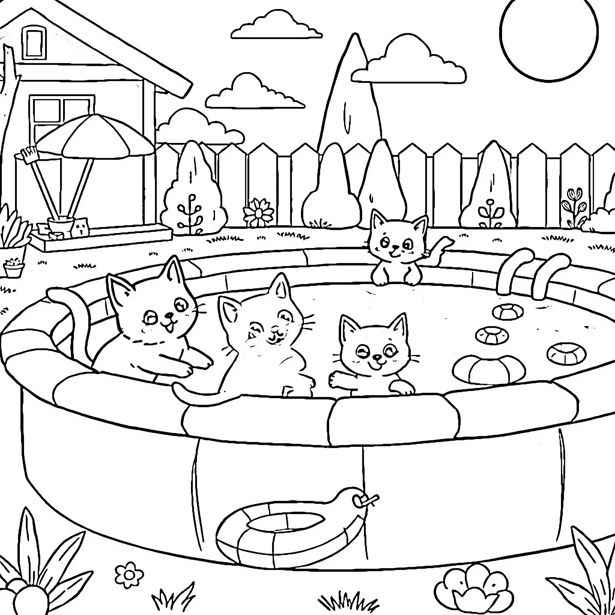 Cats playing happily in a backyard swimming pool Coloring Page (free black-and-white line drawing printable PDF for all, from beginners to advanced learners, including children, teens, adults, and seniors)