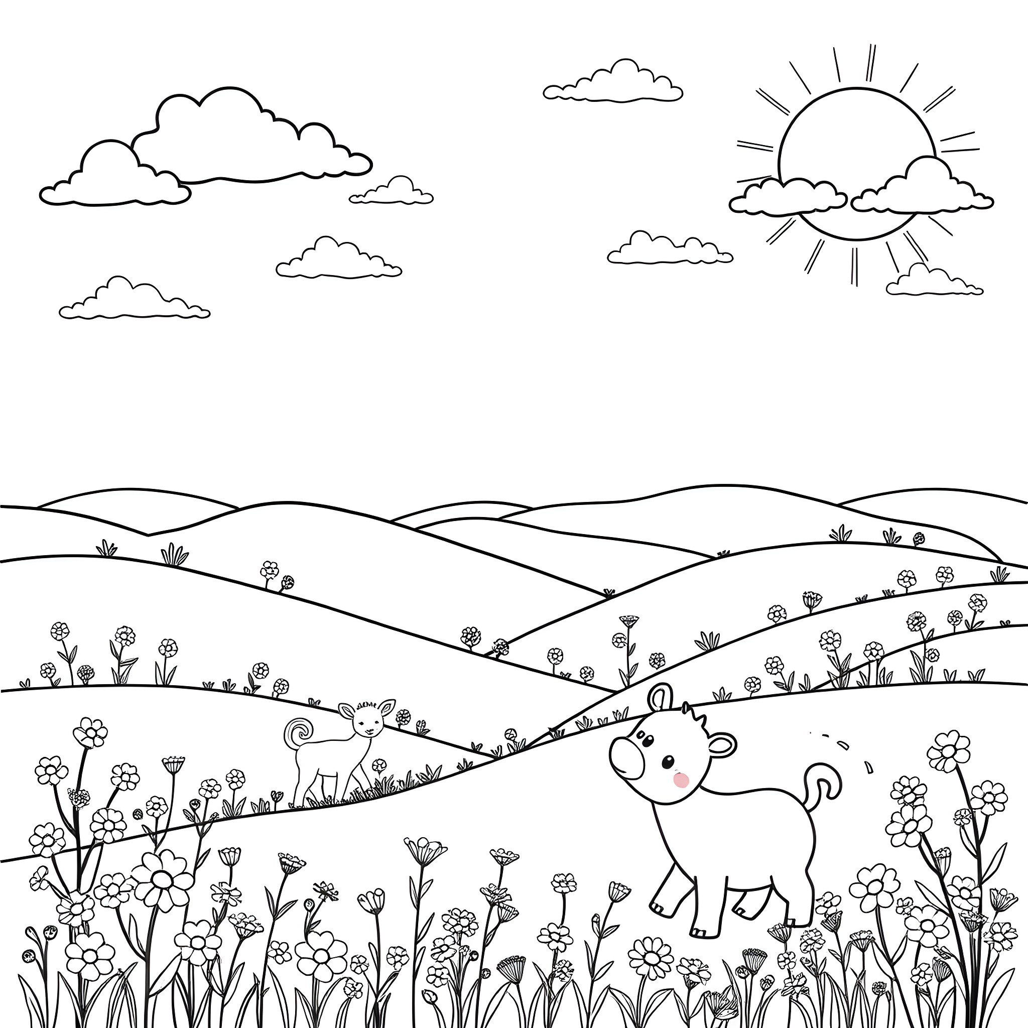 Generator depicting serene countryside landscape Coloring Page (free black-and-white line drawing printable PDF for all, from beginners to advanced learners, including children, teens, adults, and seniors)