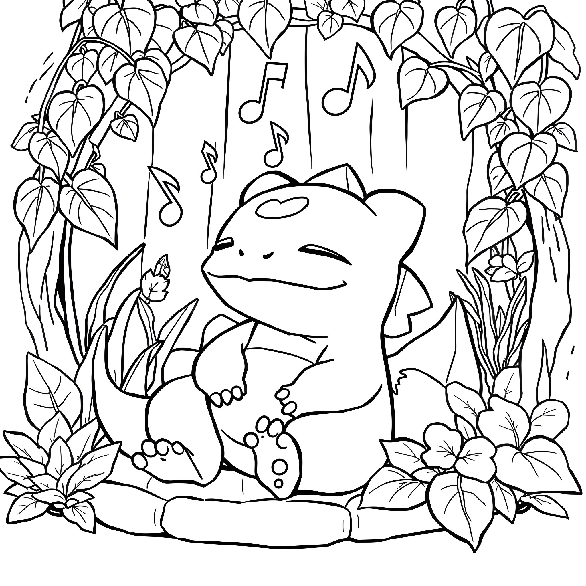 Ivysaur listening to nature's melody in the forest Coloring Page (free black-and-white line drawing printable PDF for all, from beginners to advanced learners, including children, teens, adults, and seniors)
