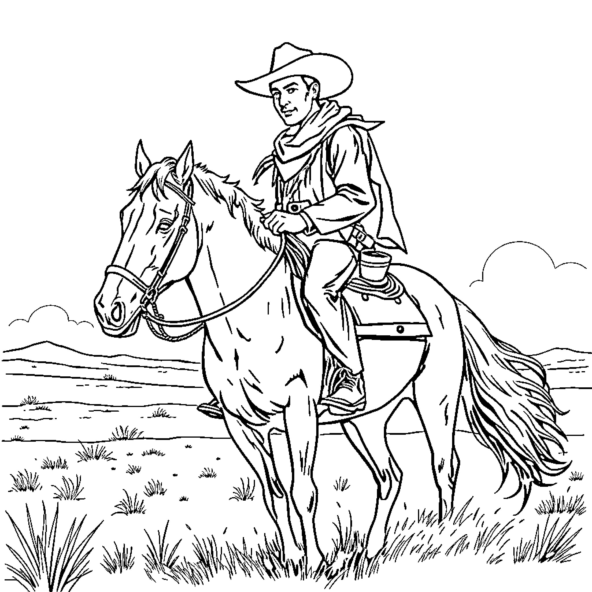 Cowboy riding horse through open countryside Coloring Page (free black-and-white line drawing printable PDF for all, from beginners to advanced learners, including children, teens, adults, and seniors)