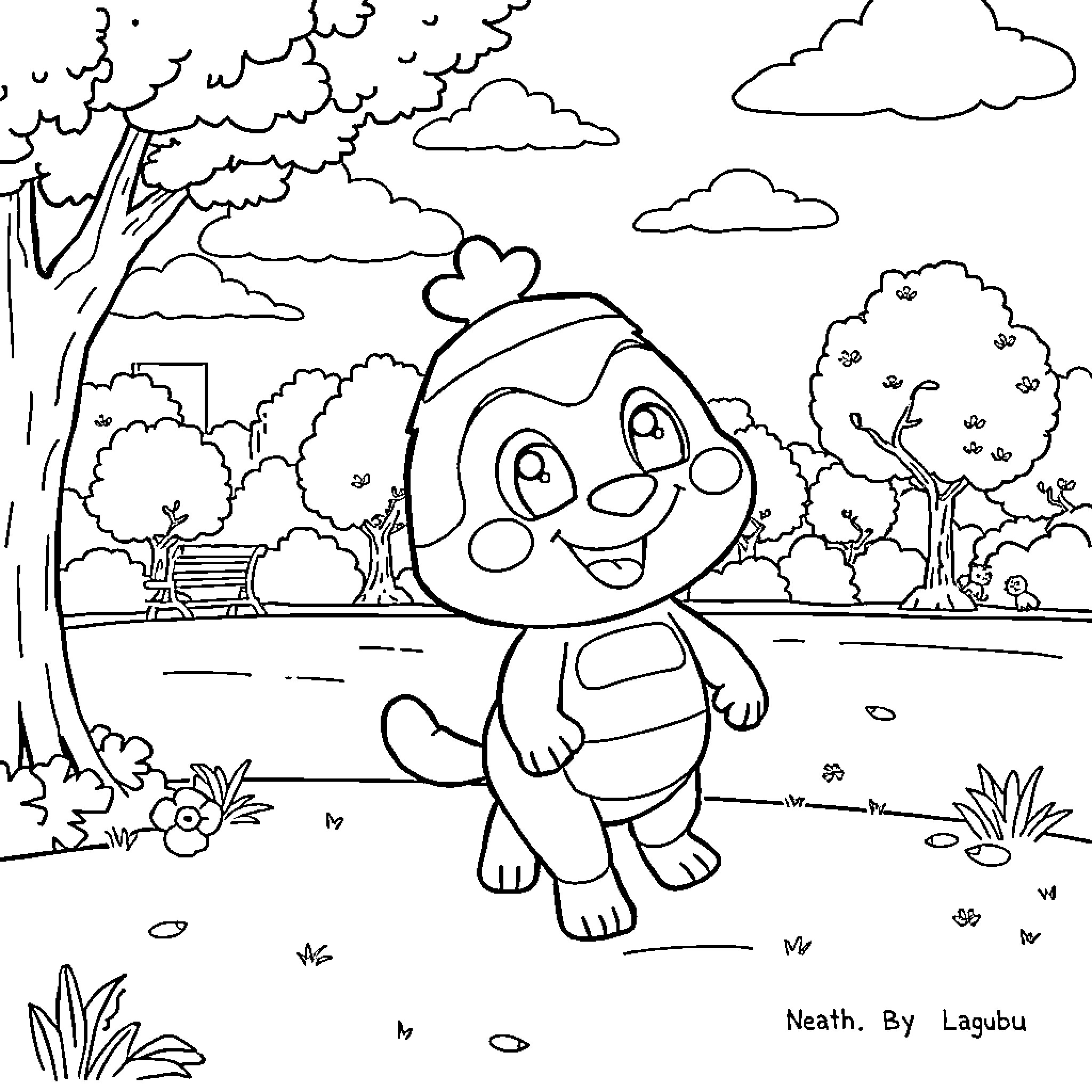 Labubu's Delightful Stroll Through the Enchanting Landscape Coloring Page (free black-and-white line drawing printable PDF for all, from beginners to advanced learners, including children, teens, adults, and seniors)