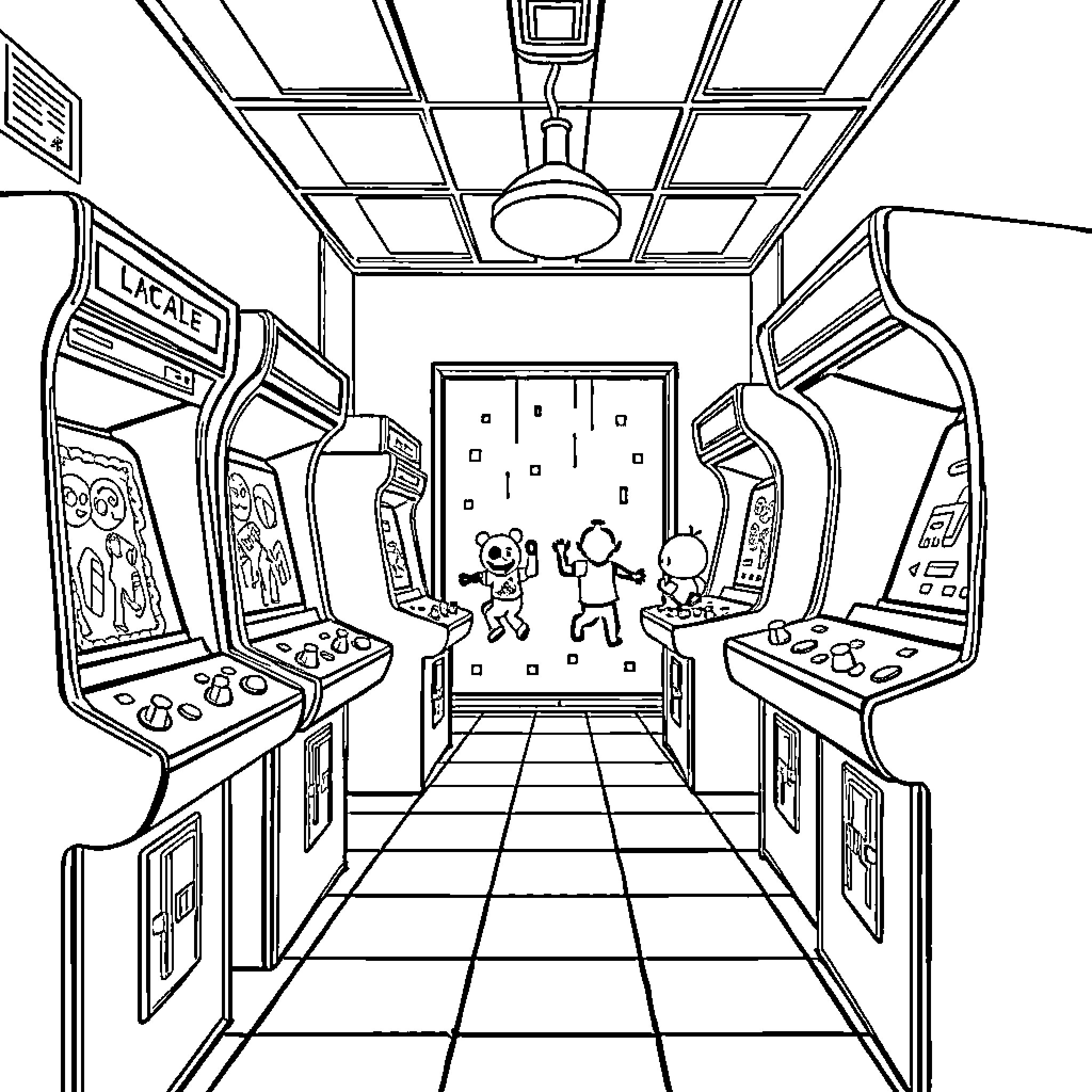 Arcade Machine Gameplay and Interactions in Retro Arcade Coloring Page (free black-and-white line drawing printable PDF for all, from beginners to advanced learners, including children, teens, adults, and seniors)