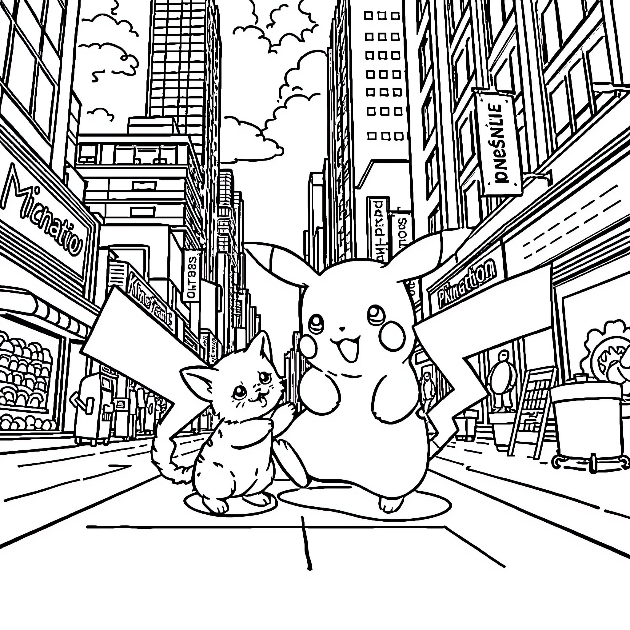 Pikachu and Pichu explore the bustling city streets Coloring Page (free black-and-white line drawing printable PDF for all, from beginners to advanced learners, including children, teens, adults, and seniors)