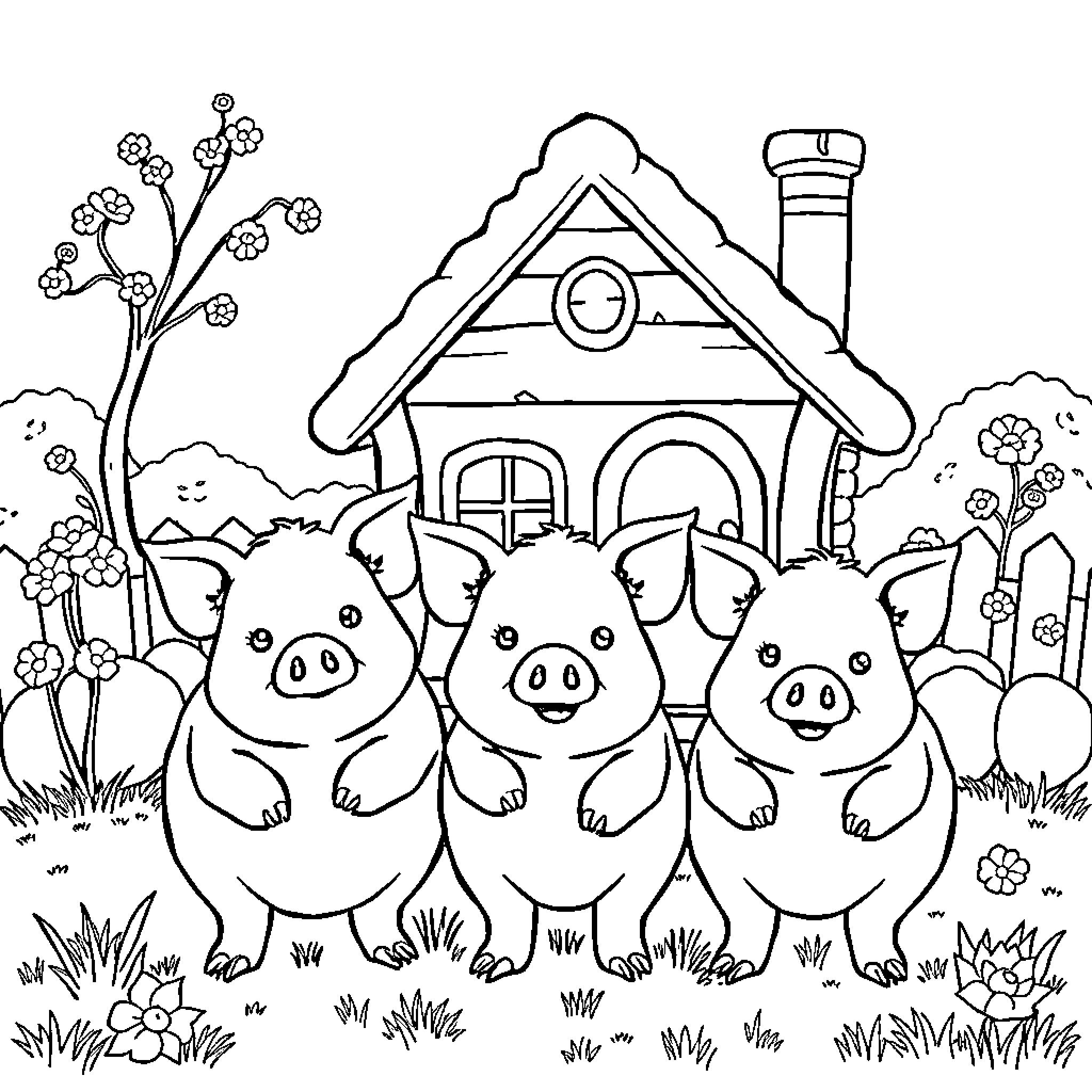 Pig trio happily playing outside their cozy home Coloring Page (free black-and-white line drawing printable PDF for all, from beginners to advanced learners, including children, teens, adults, and seniors)