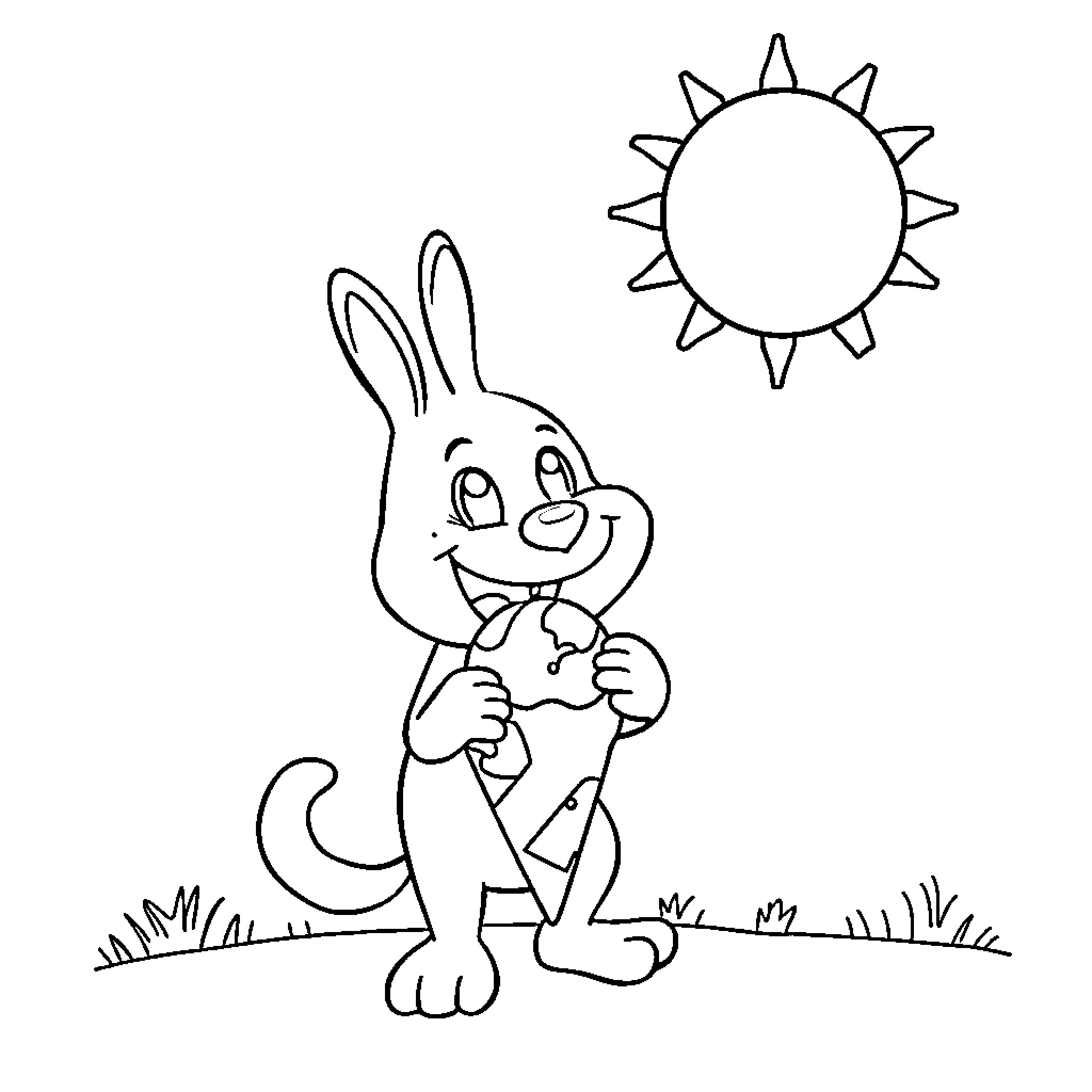 Bluey the rabbit playing happily in the sun Coloring Page (free black-and-white line drawing printable PDF for all, from beginners to advanced learners, including children, teens, adults, and seniors)