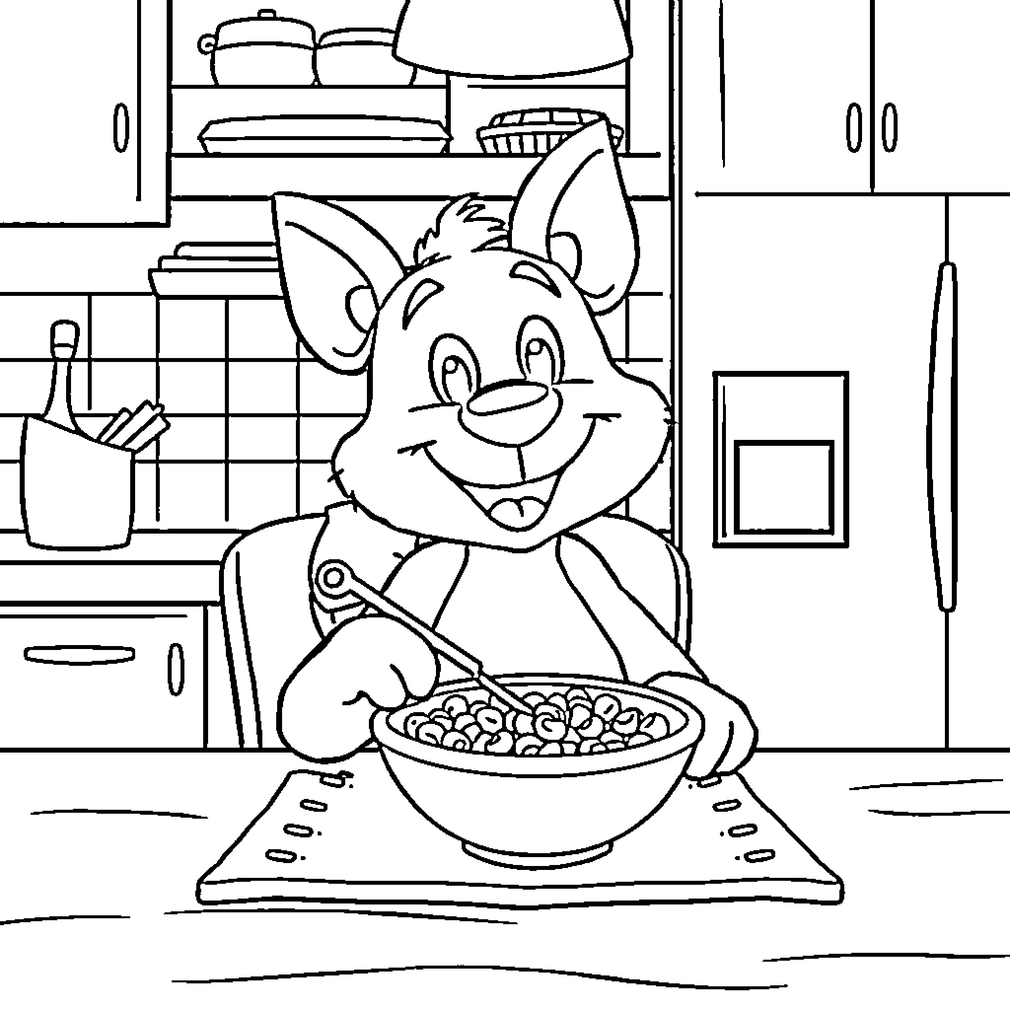 Bluey preparing a delightful meal in the kitchen Coloring Page (free black-and-white line drawing printable PDF for all, from beginners to advanced learners, including children, teens, adults, and seniors)