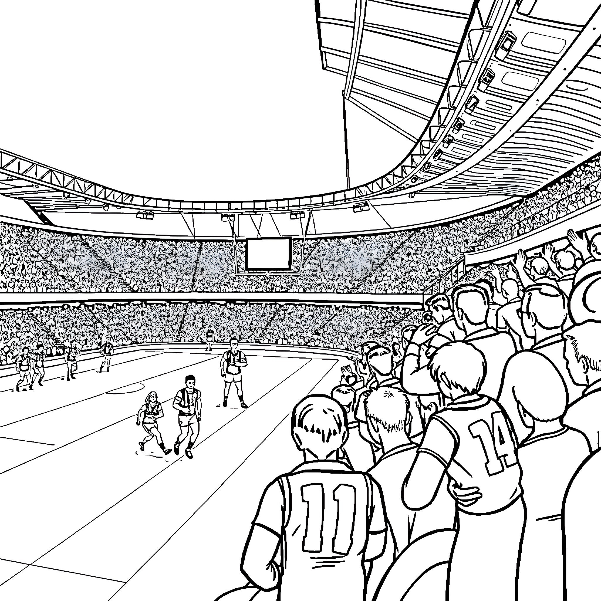 Carlton Football Players in Stadium Crowd Coloring Page (free black-and-white line drawing printable PDF for all, from beginners to advanced learners, including children, teens, adults, and seniors)