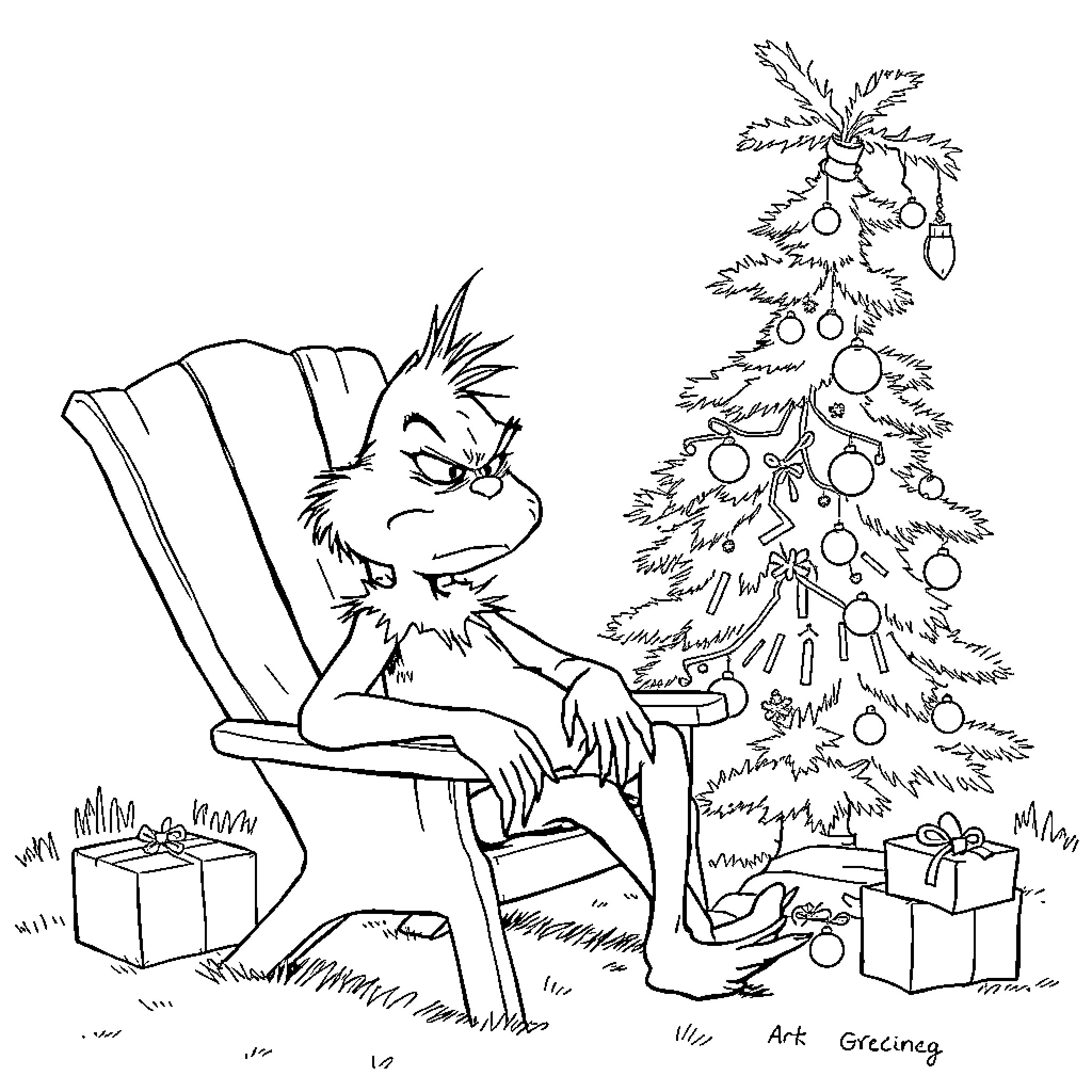 Grinch relaxing grumpily near a festive Christmas tree Coloring Page (free black-and-white line drawing printable PDF for all, from beginners to advanced learners, including children, teens, adults, and seniors)