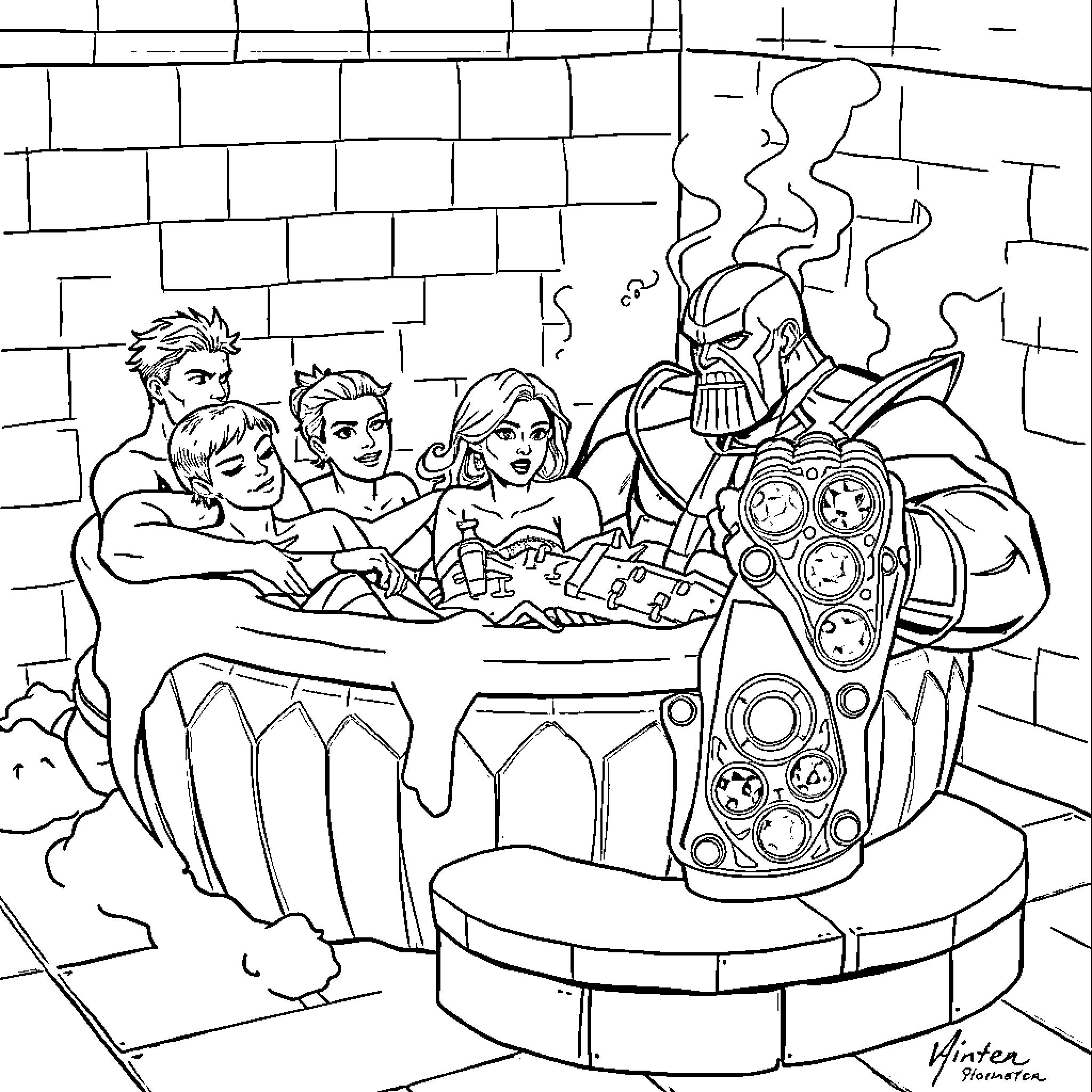 Avengers Relax in Hot Tub After Heroic Battle Coloring Page (free black-and-white line drawing printable PDF for all, from beginners to advanced learners, including children, teens, adults, and seniors)