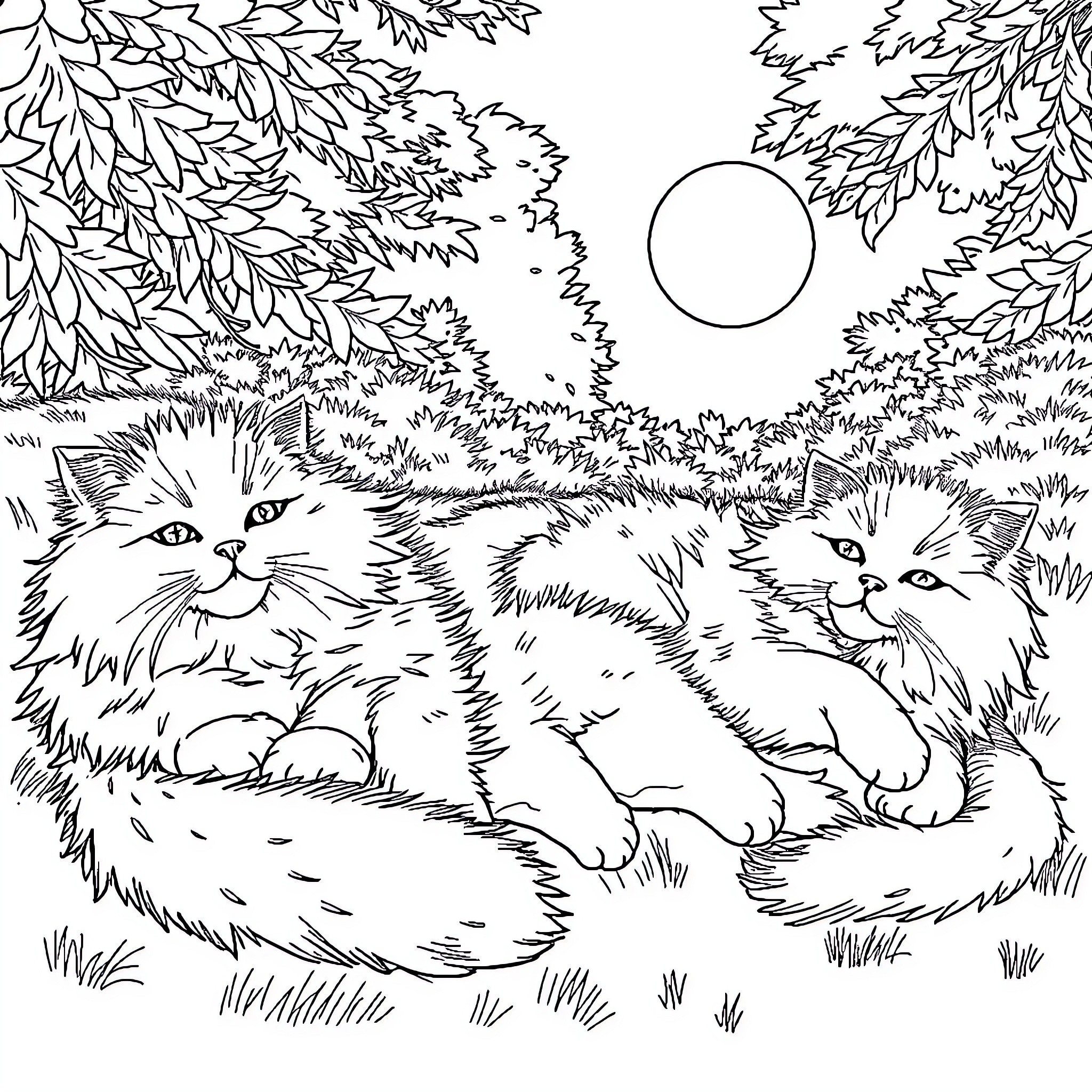 Cat friends relaxing in the forest Coloring Page (free black-and-white line drawing printable PDF for all, from beginners to advanced learners, including children, teens, adults, and seniors)