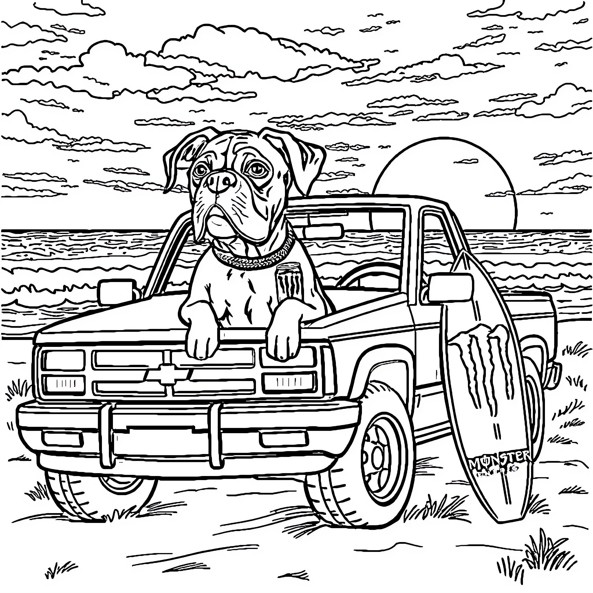 Boxer dog riding in pickup truck on the beach Coloring Page (free black-and-white line drawing printable PDF for all, from beginners to advanced learners, including children, teens, adults, and seniors)